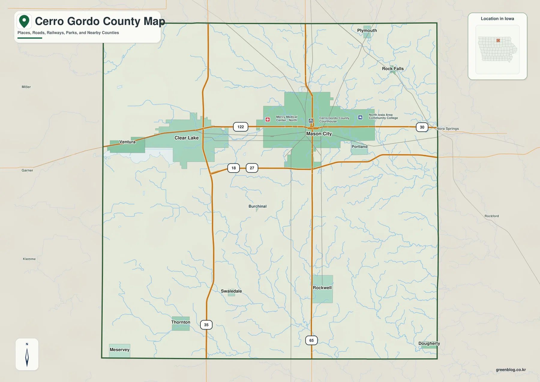Cerro Gordo County Iowa map showing Mason City, Clear Lake, Rockwell, Thornton, I-35, U.S. 65, U.S. 18, Iowa 27, and Iowa 122