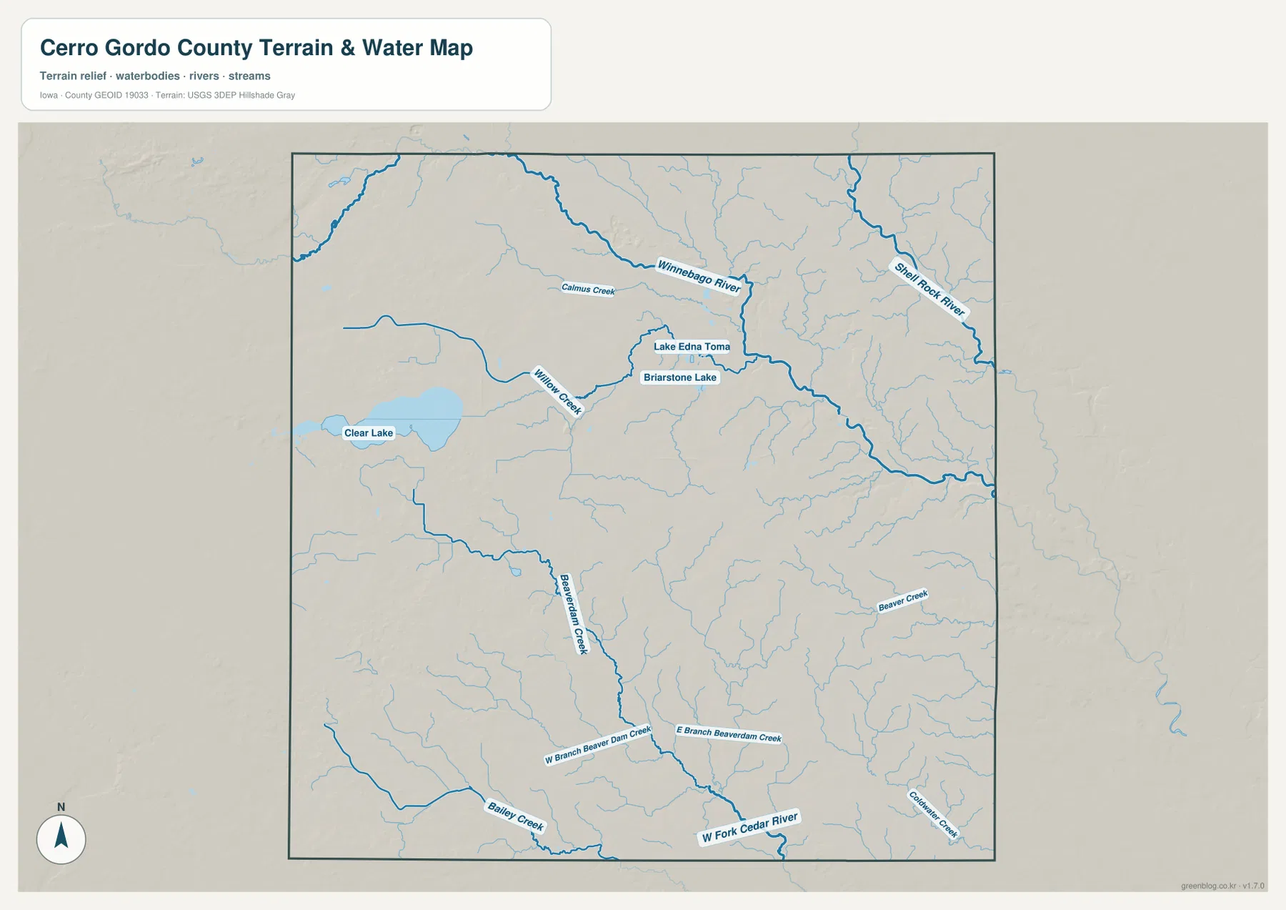 Cerro Gordo County terrain and water map showing Clear Lake, Winnebago River, Shell Rock River, Willow Creek, Beaverdam Creek, and West Fork Cedar River