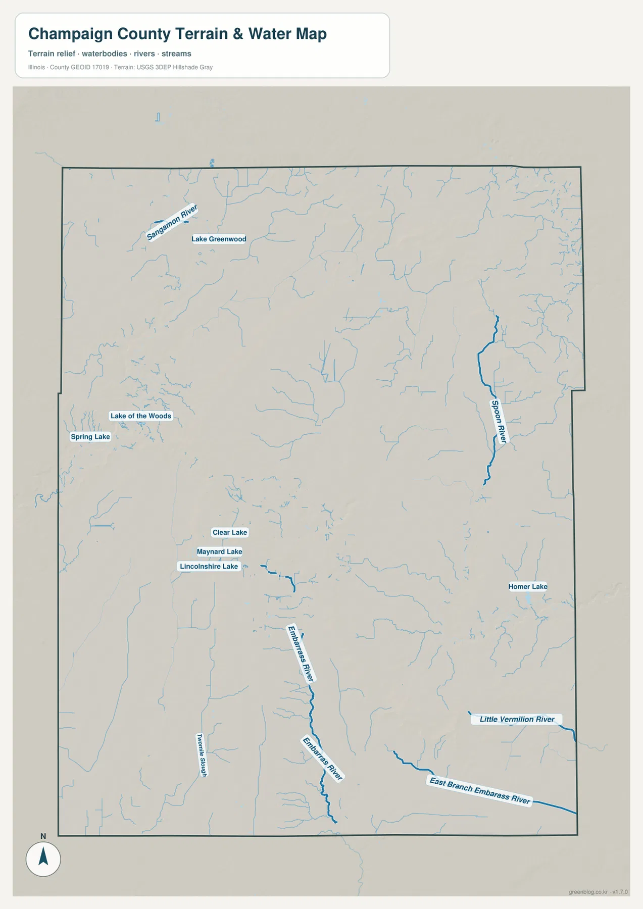 Sangamon River, Spoon River, Embarras River, East Branch Embarras River, Lake of the Woods와 Homer Lake를 보여 주는 섐페인 카운티 수역 지형 지도