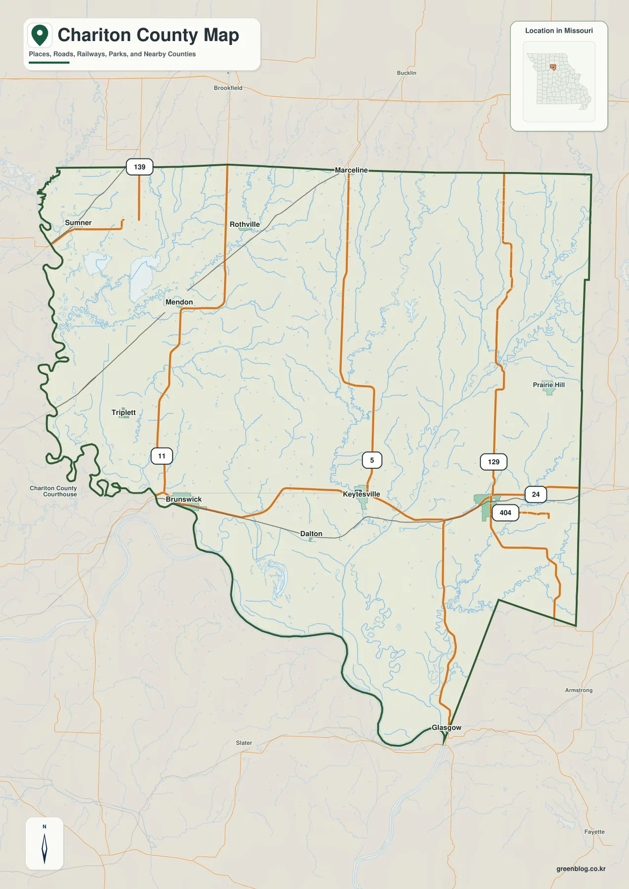 Keytesville, Salisbury, Brunswick, Mendon, Sumner, Rothville과 U.S. 24, Route 5, Route 11, Route 129를 표시한 Chariton County 지도