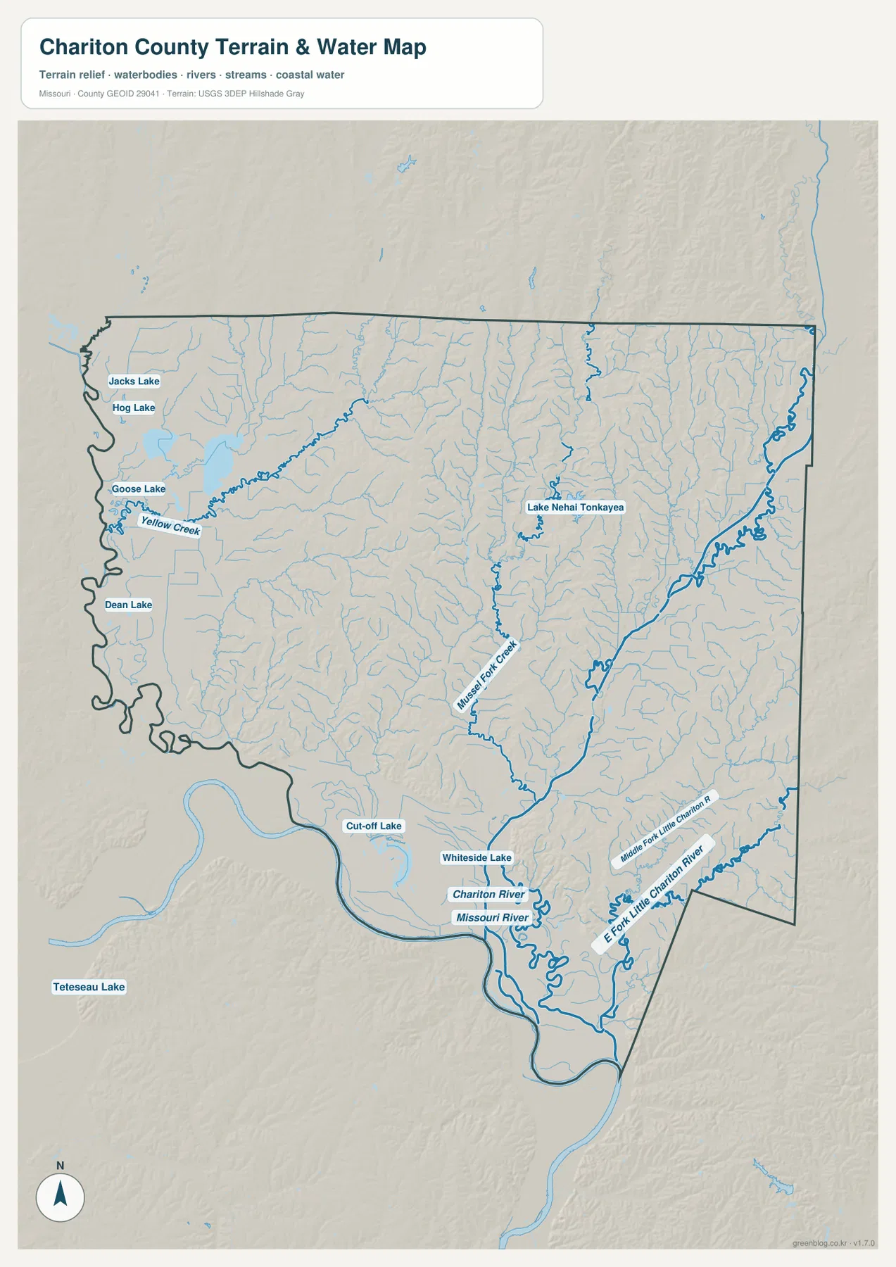 Missouri River, Chariton River, Yellow Creek, Mussel Fork Creek, Fork Little Chariton River와 호수를 표시한 Chariton County 지형 수역 지도