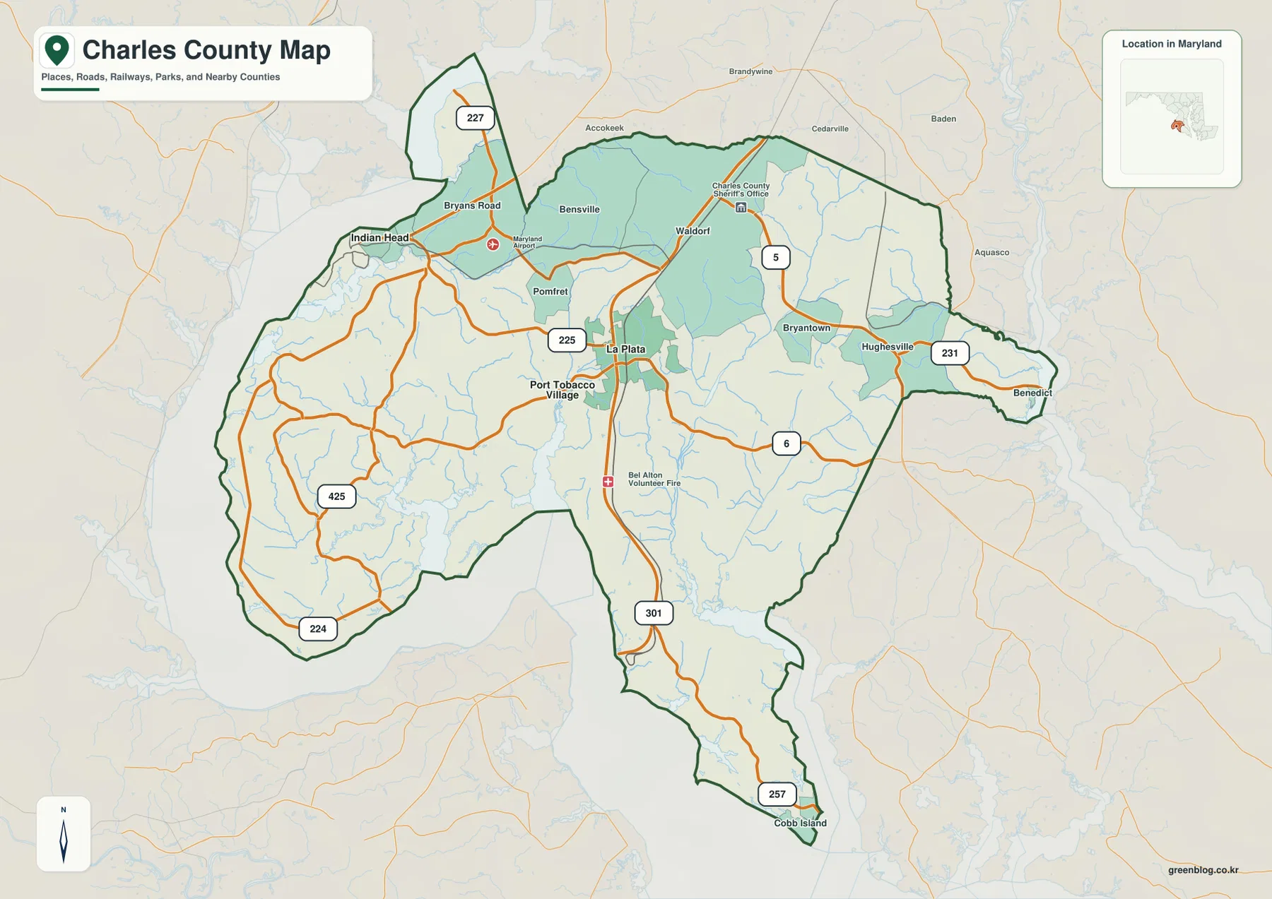 Charles County Maryland 지도에 Waldorf, La Plata, Indian Head, Port Tobacco Village, Bryans Road, Hughesville, Benedict, Cobb Island와 주요 도로가 표시된 모습