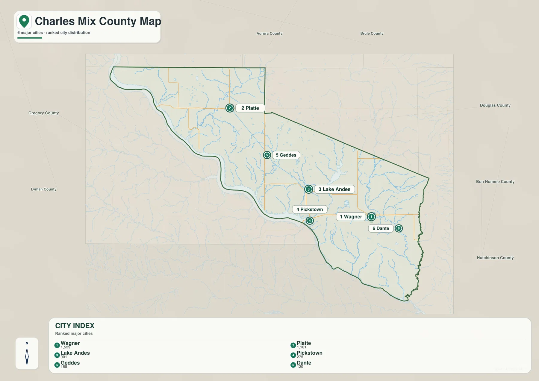 Charles Mix County city map showing Wagner, Platte, Lake Andes, Pickstown, Geddes, and Dante in ranked positions