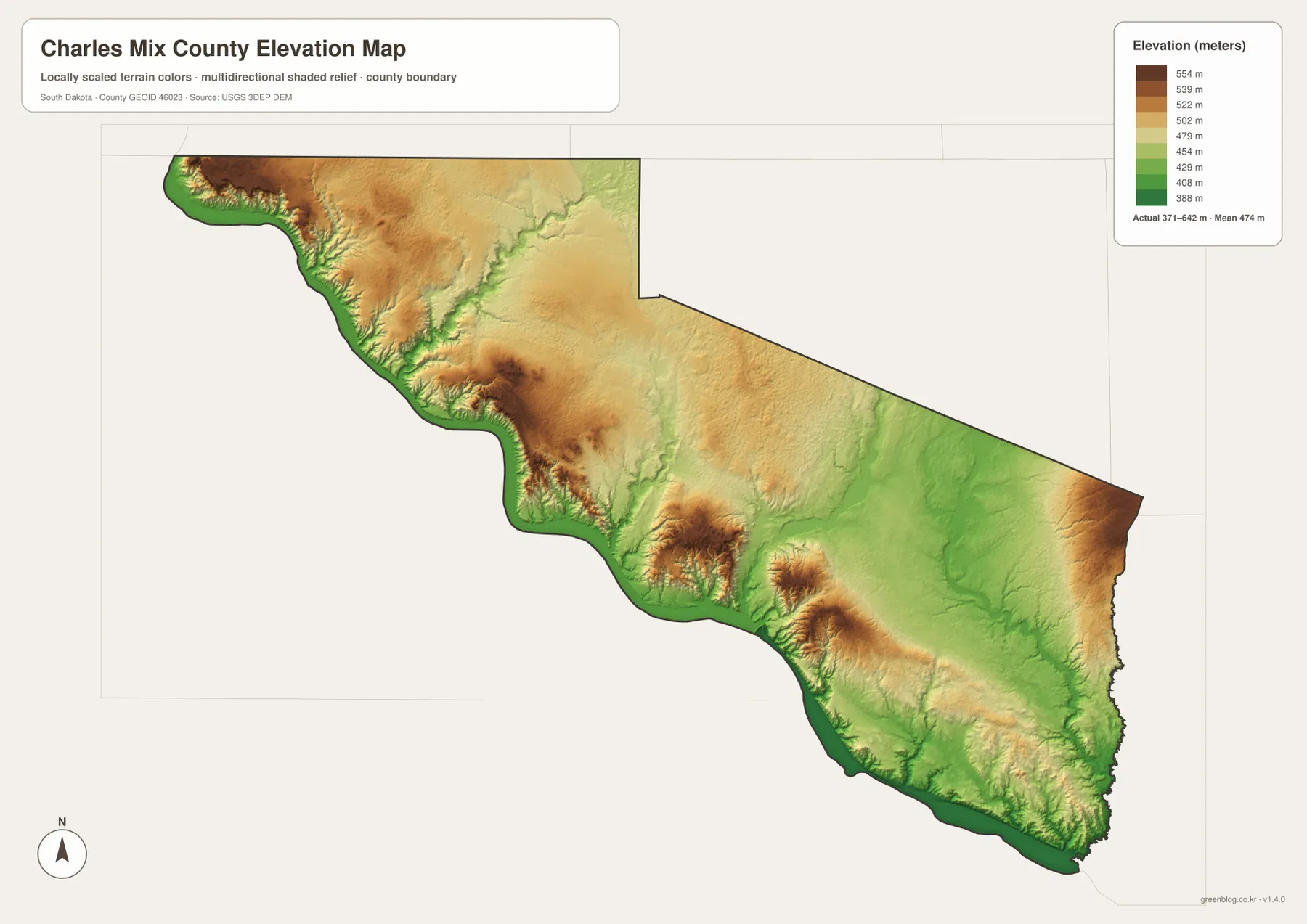 Charles Mix County South Dakota elevation map with an actual range of 371 to 642 meters and a mean of 474 meters