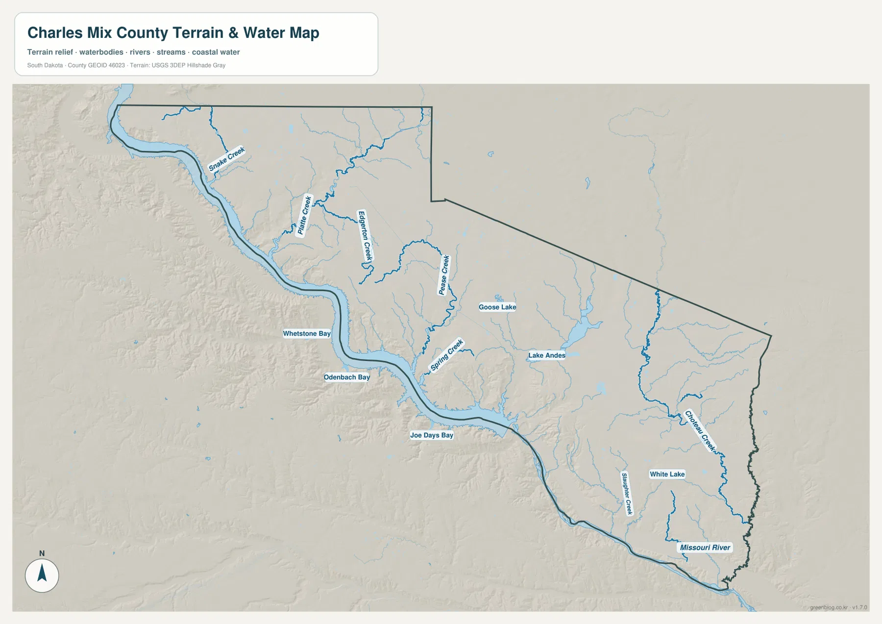 Charles Mix County water map showing the Missouri River, Whetstone Bay, Odenbach Bay, Joe Days Bay, Snake Creek, Platte Creek, Pease Creek, and Choteau Creek