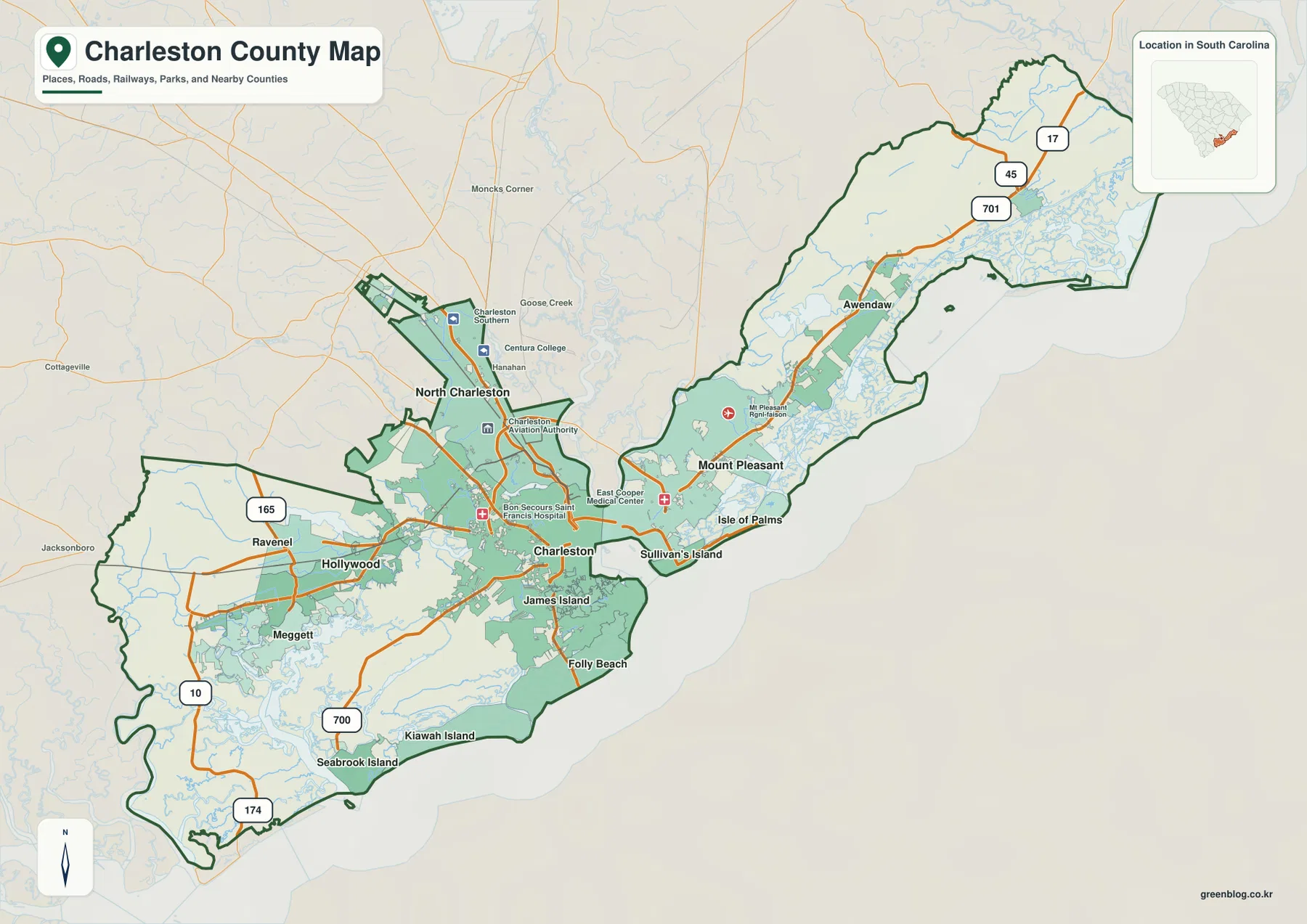 찰스턴 카운티 지도에 Charleston, Mount Pleasant, North Charleston, 해안 섬과 주요 번호 도로를 표시한 기본도