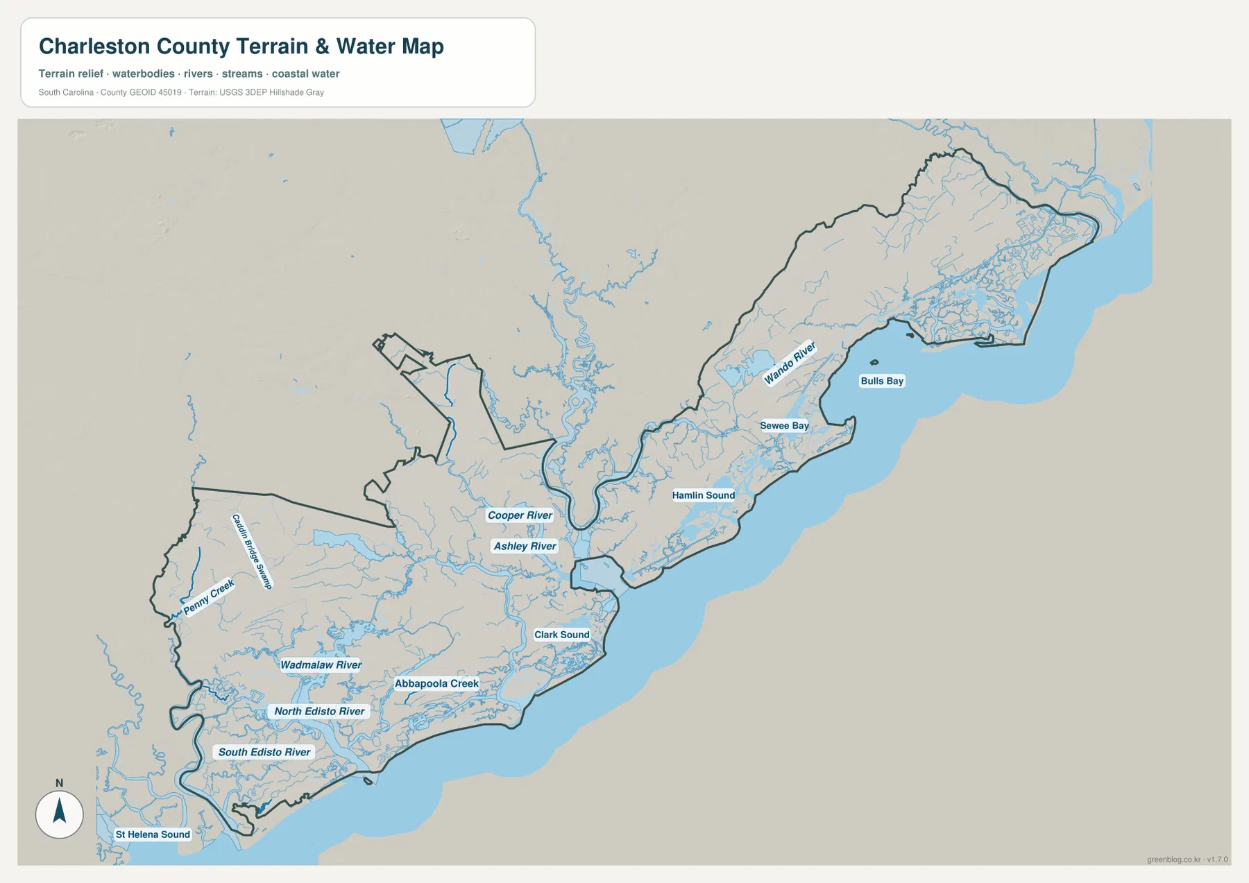 Cooper River, Ashley River, Wando River, Bulls Bay, Sewee Bay, Wadmalaw River를 표시한 찰스턴 카운티 수역 지형 지도