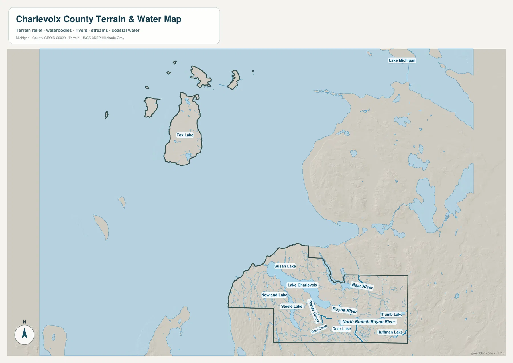 Lake Charlevoix, Boyne River, North Branch Boyne River, Porter Creek, Deer Creek, Deer Lake, Thumb Lake, Fox Lake와 여러 호수가 표시된 Charlevoix County 지형 수역 지도