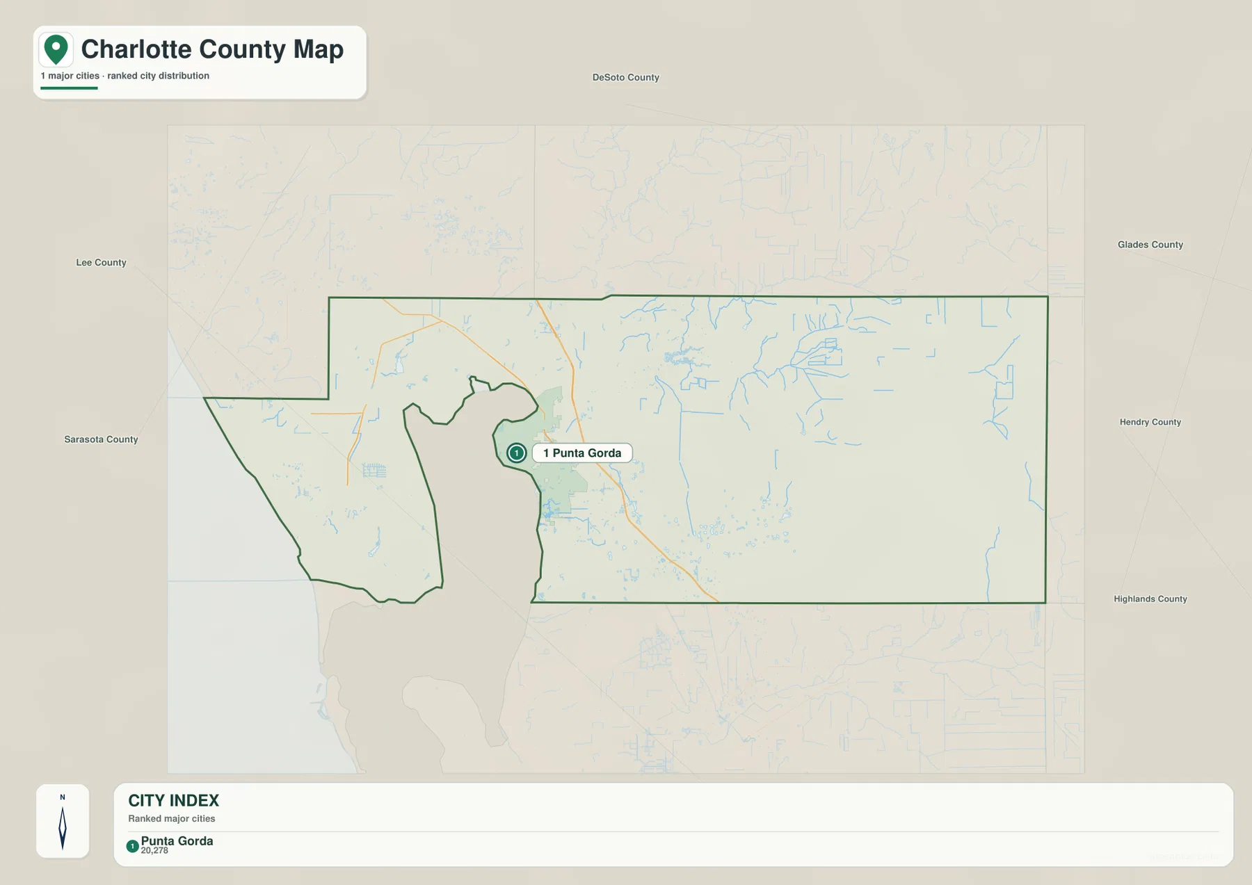 Charlotte County city map highlighting Punta Gorda as the major incorporated city