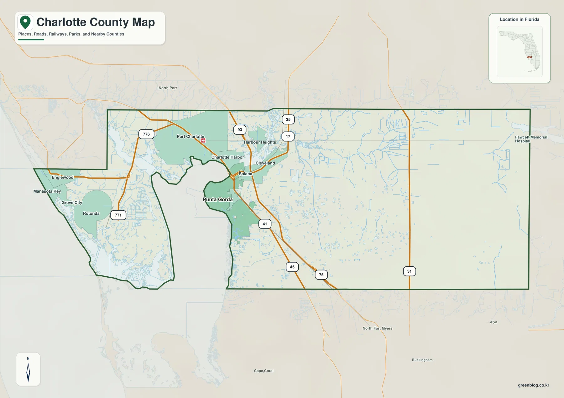Charlotte County Florida map showing Punta Gorda, Port Charlotte, Englewood, major roads, and county boundaries