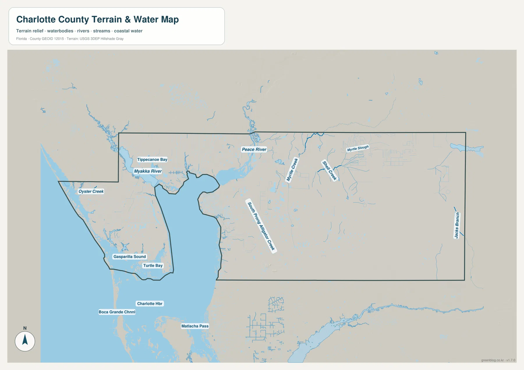 Charlotte County water map showing Peace River, Myakka River, Charlotte Harbor, Gasparilla Sound, and smaller creeks