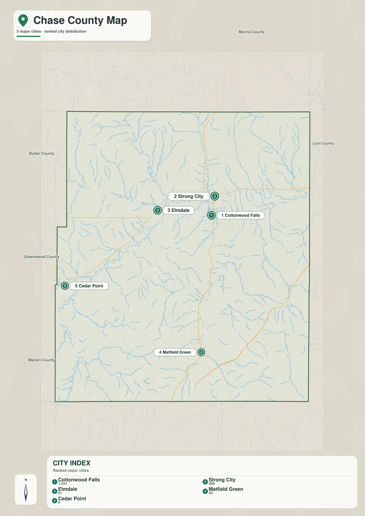 Ranked Chase County city map showing Cottonwood Falls, Strong City, Elmdale, Matfield Green, and Cedar Point