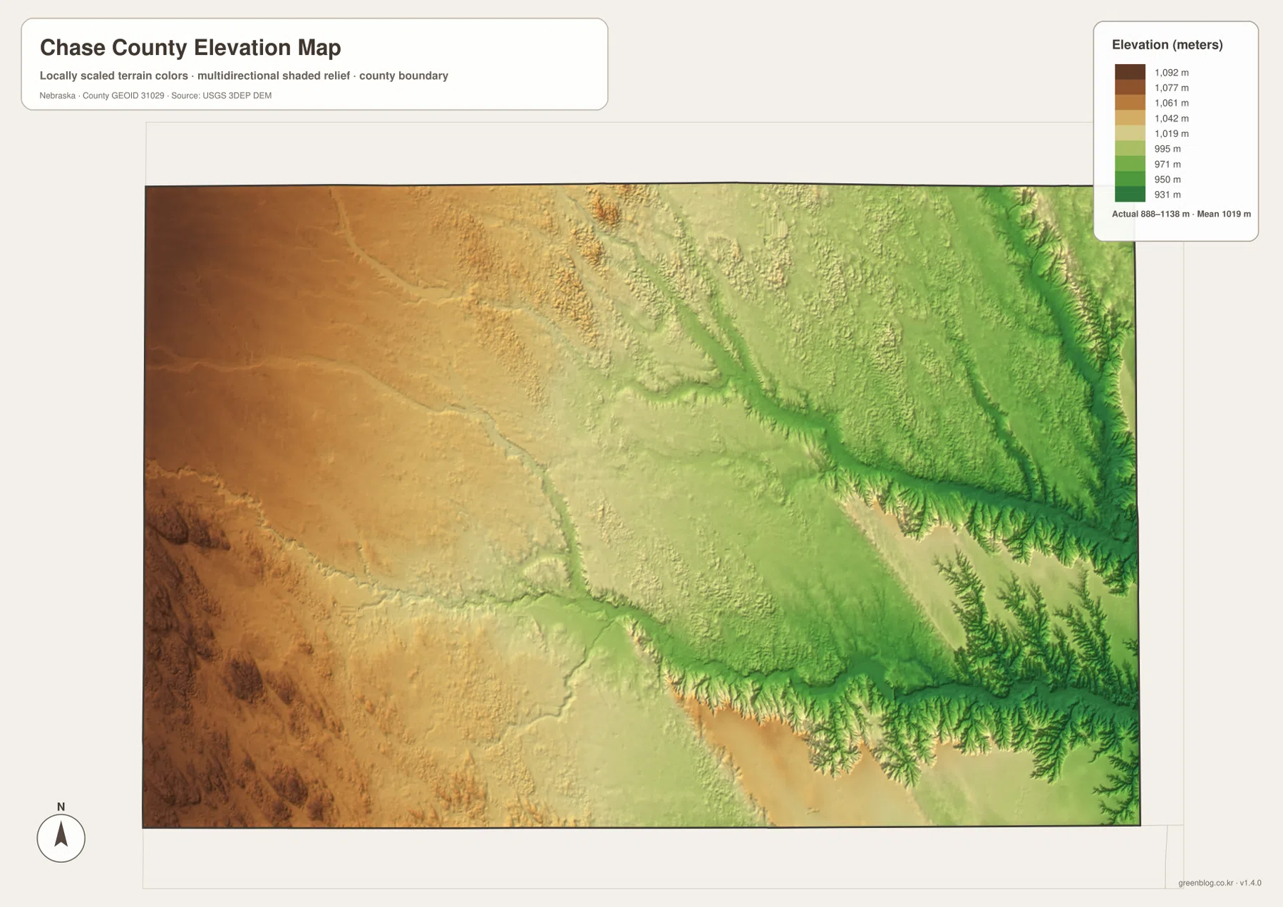 Chase County elevation map showing higher western and southwestern ground and the lower Frenchman River valley