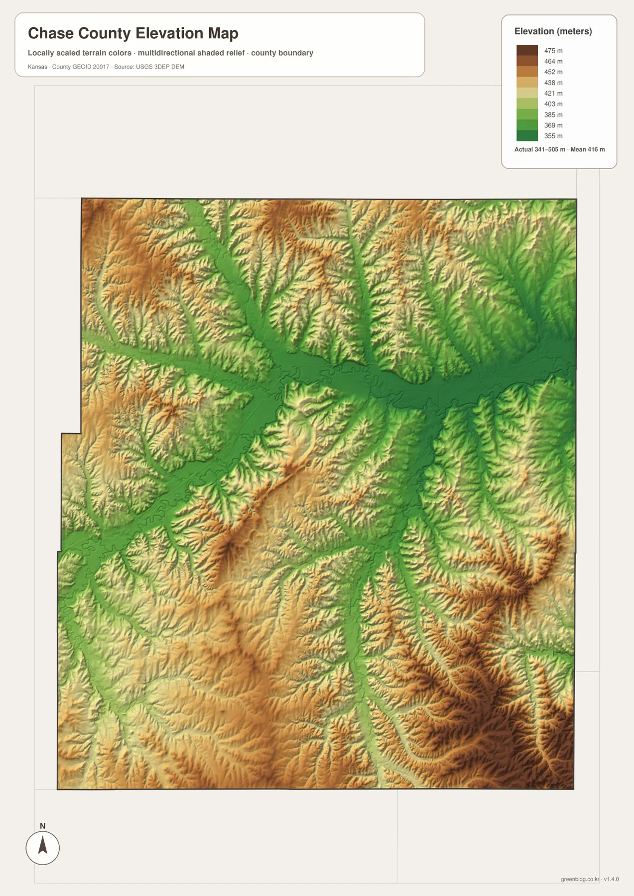 Chase County elevation map showing approximately 341 to 505 meters, low Cottonwood River valleys, and higher Flint Hills ridges