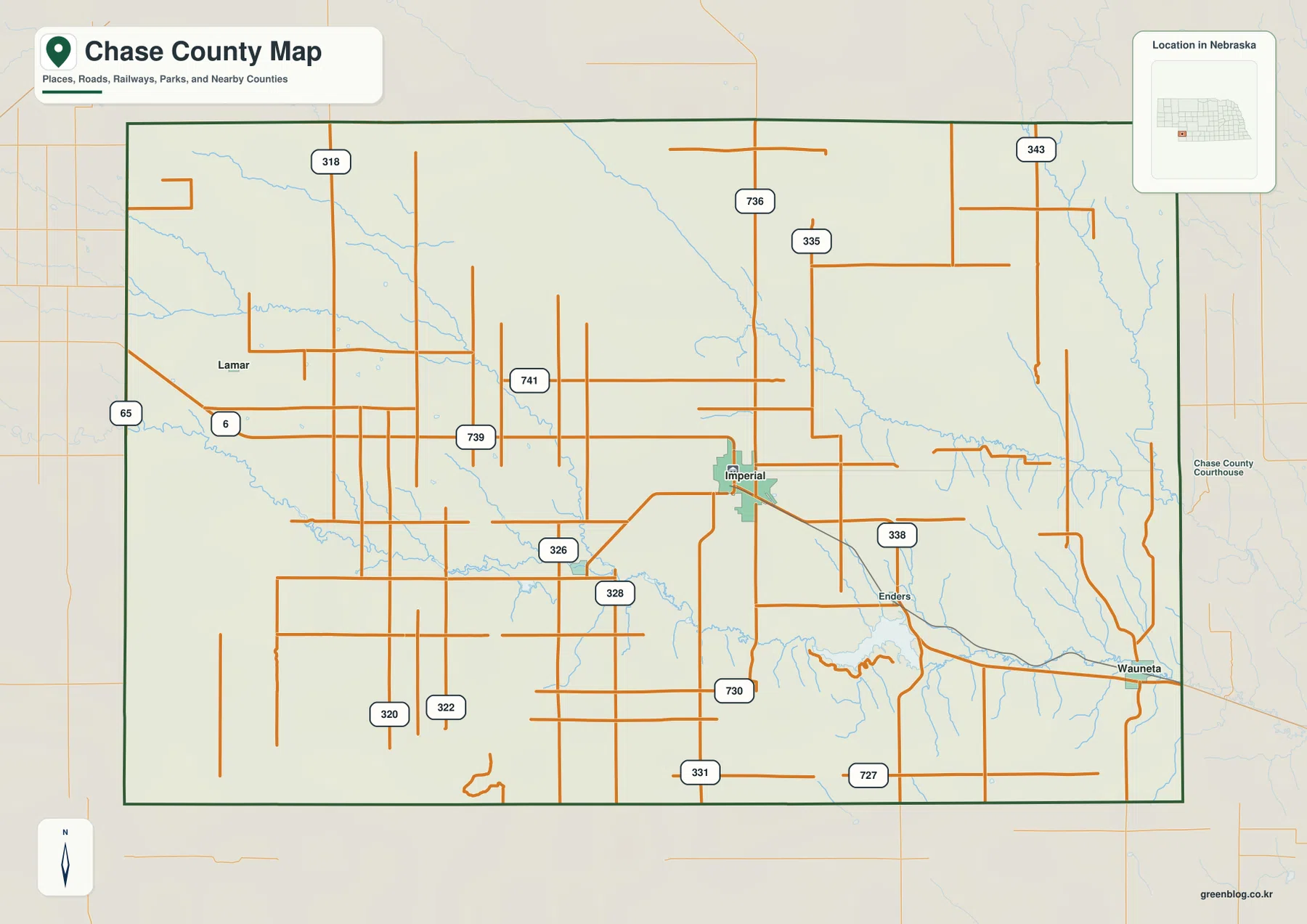 Chase County Nebraska map showing Imperial, Enders, Wauneta, Lamar, major roads, streams, and county boundaries