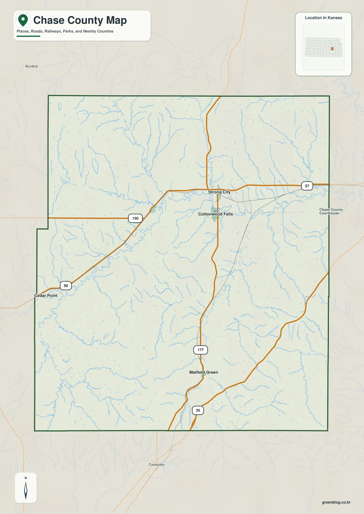 Chase County Kansas map showing Cottonwood Falls, Strong City, Cedar Point, Matfield Green, U.S. 50, K-177, and nearby roads