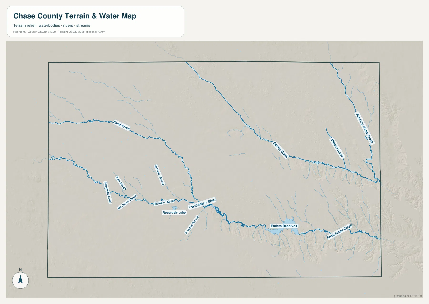 Chase County water map showing the Frenchman River, Enders Reservoir, Spring Creek, Sand Creek, Bronco Creek, and canals