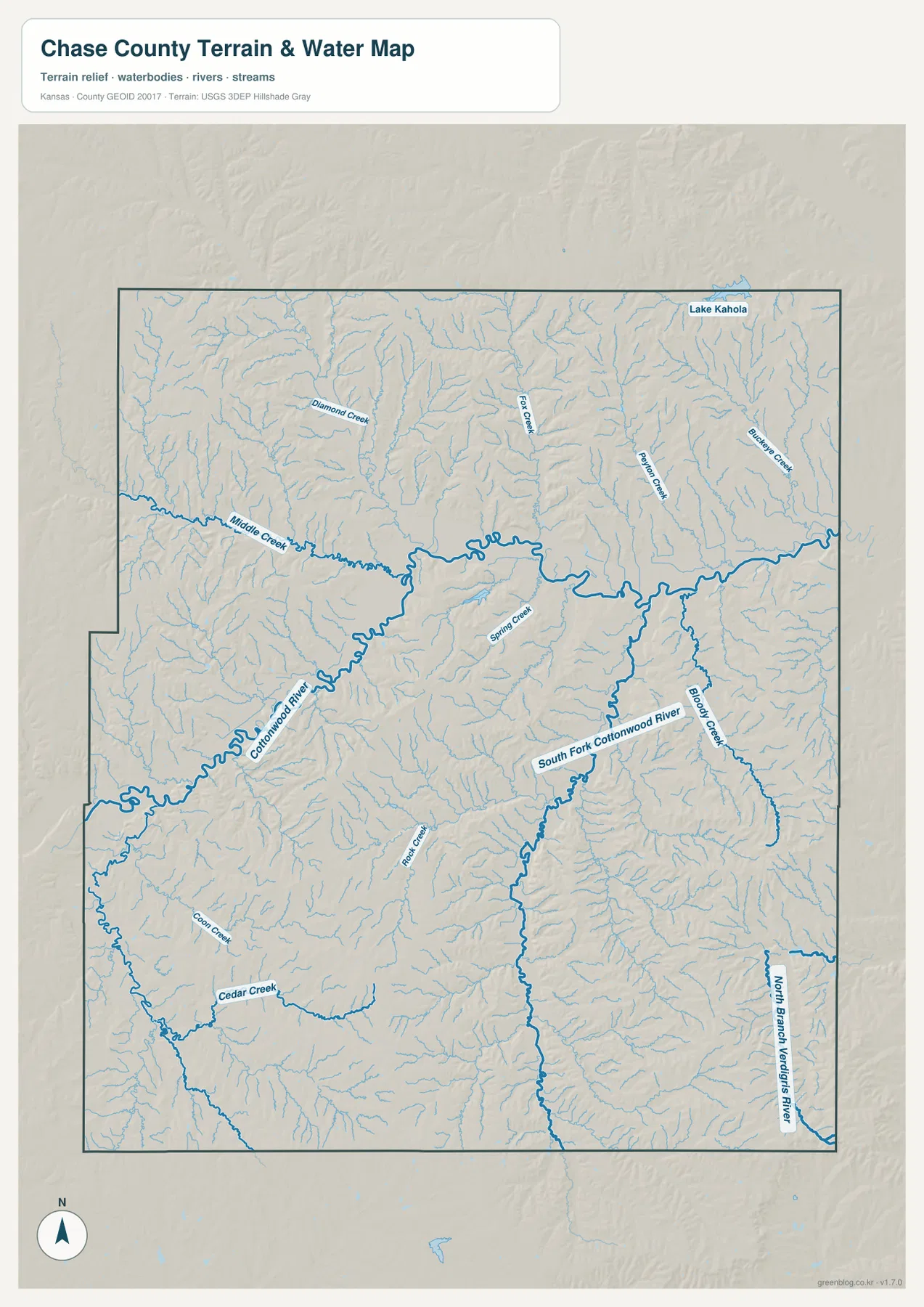 Chase County terrain and water map showing the Cottonwood River, South Fork Cottonwood River, Middle Creek, Cedar Creek, and other tributaries