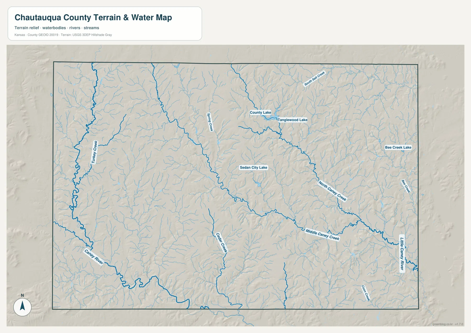Caney River, Turkey Creek, North Caney Creek, Middle Caney Creek, Little Caney River와 주요 호수를 보여 주는 쇼토쿠아 카운티 수역·지형 지도