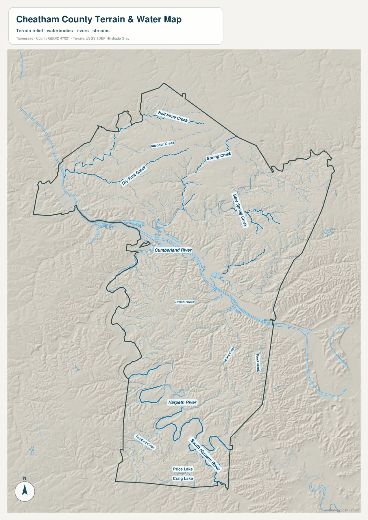 치텀 카운티 수역 지도에서 Cumberland River, Harpeth River와 주요 지류를 표시한 모습