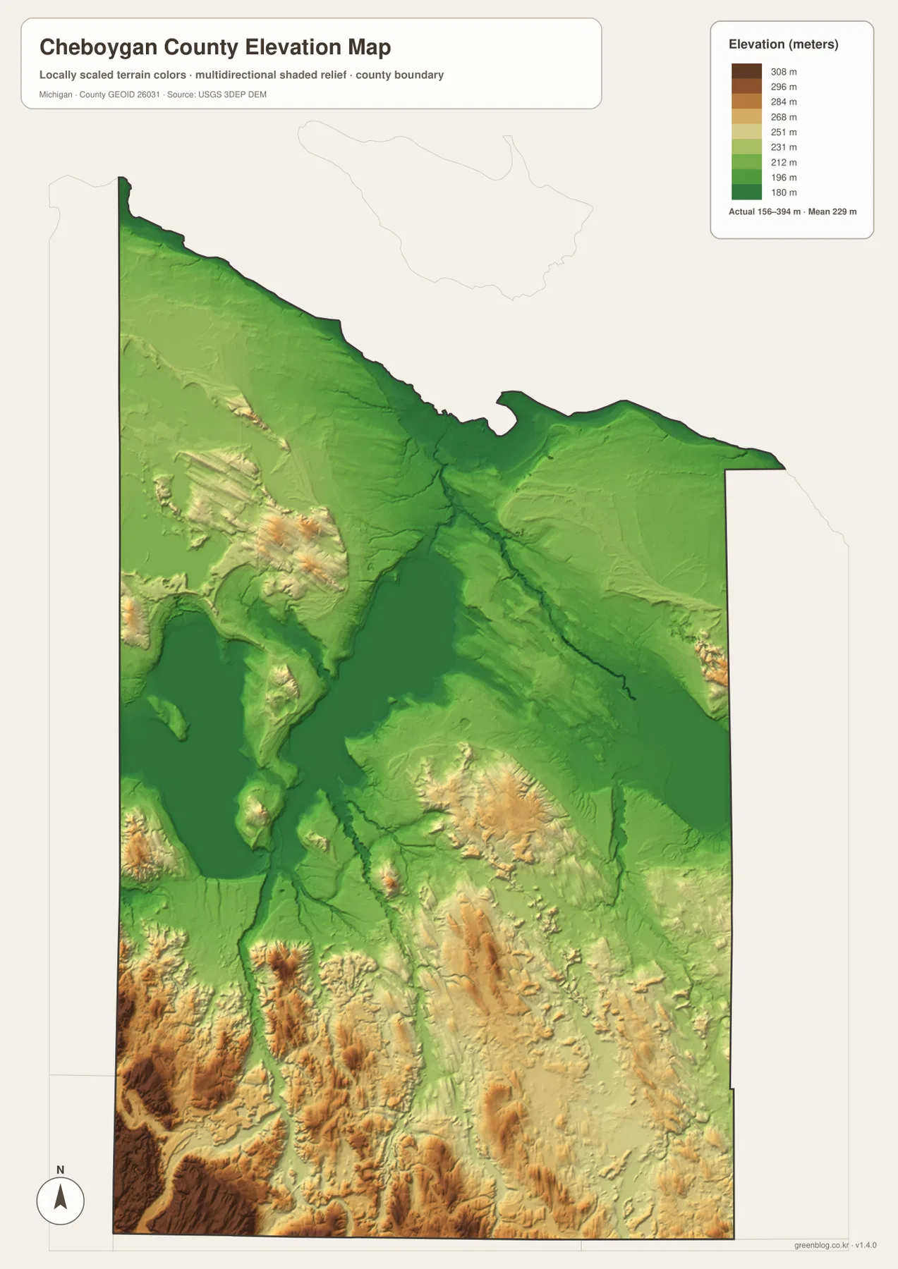 북부 해안과 Mullett Lake·Burt Lake·Black Lake 저지, 남부와 남서부의 높은 구릉을 보여 주는 Cheboygan County Michigan 고도 지도