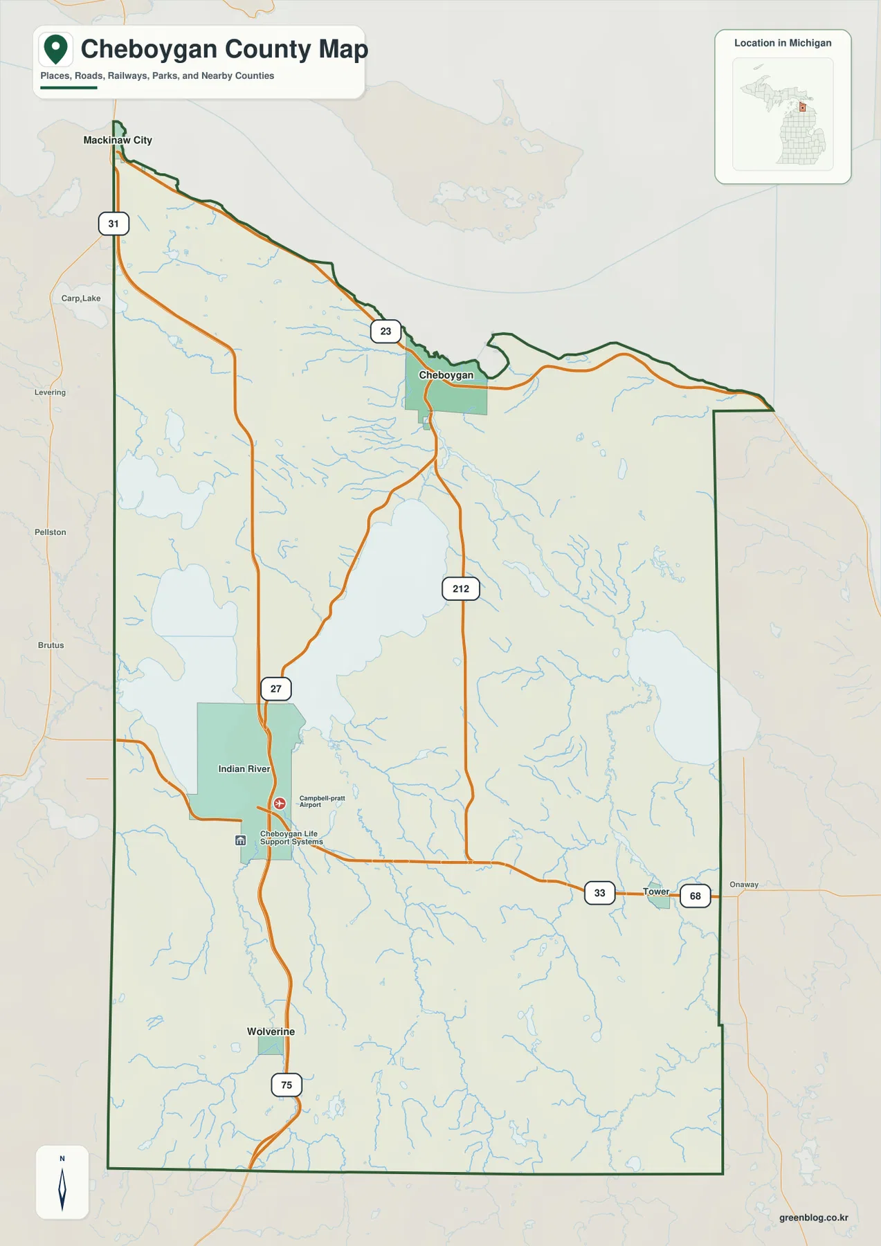 Cheboygan, Mackinaw City, Indian River, Wolverine, Tower와 US-23, US-31, I-75, M-27, M-33, M-68, M-212가 표시된 Cheboygan County Michigan 지도
