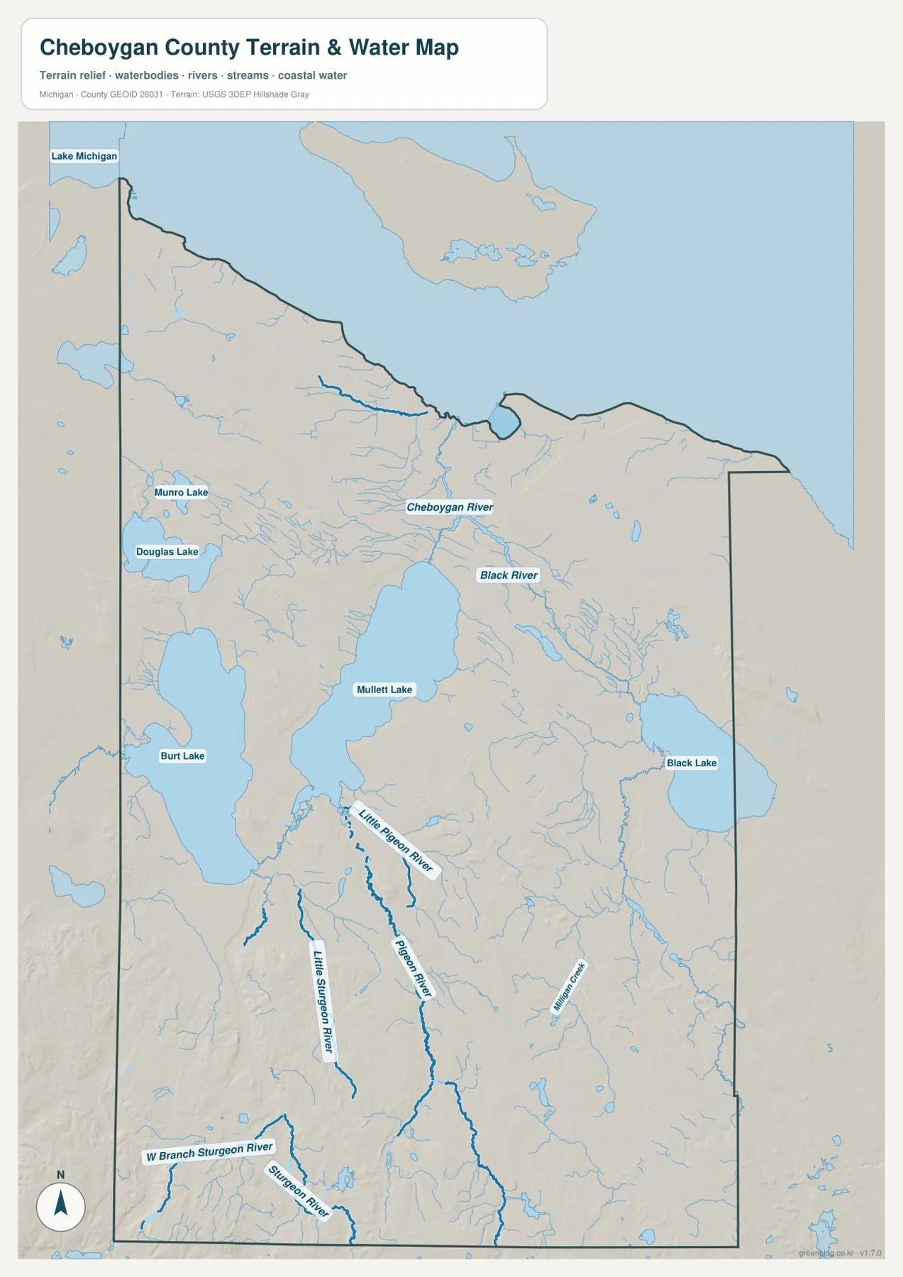 Burt Lake, Mullett Lake, Black Lake, Cheboygan River, Black River, Pigeon River, Little Pigeon River, Sturgeon River와 여러 호수가 표시된 Cheboygan County 지형 수역 지도