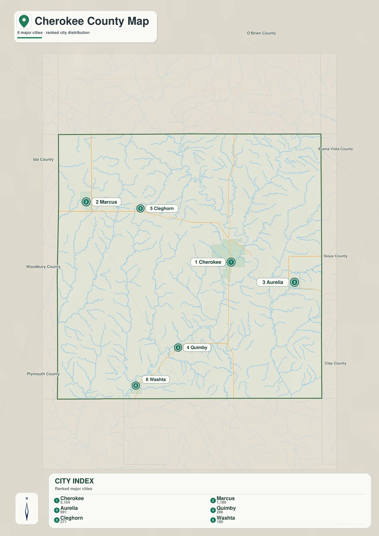 Cherokee County city map ranking Cherokee, Marcus, Aurelia, Quimby, Cleghorn, and Washta
