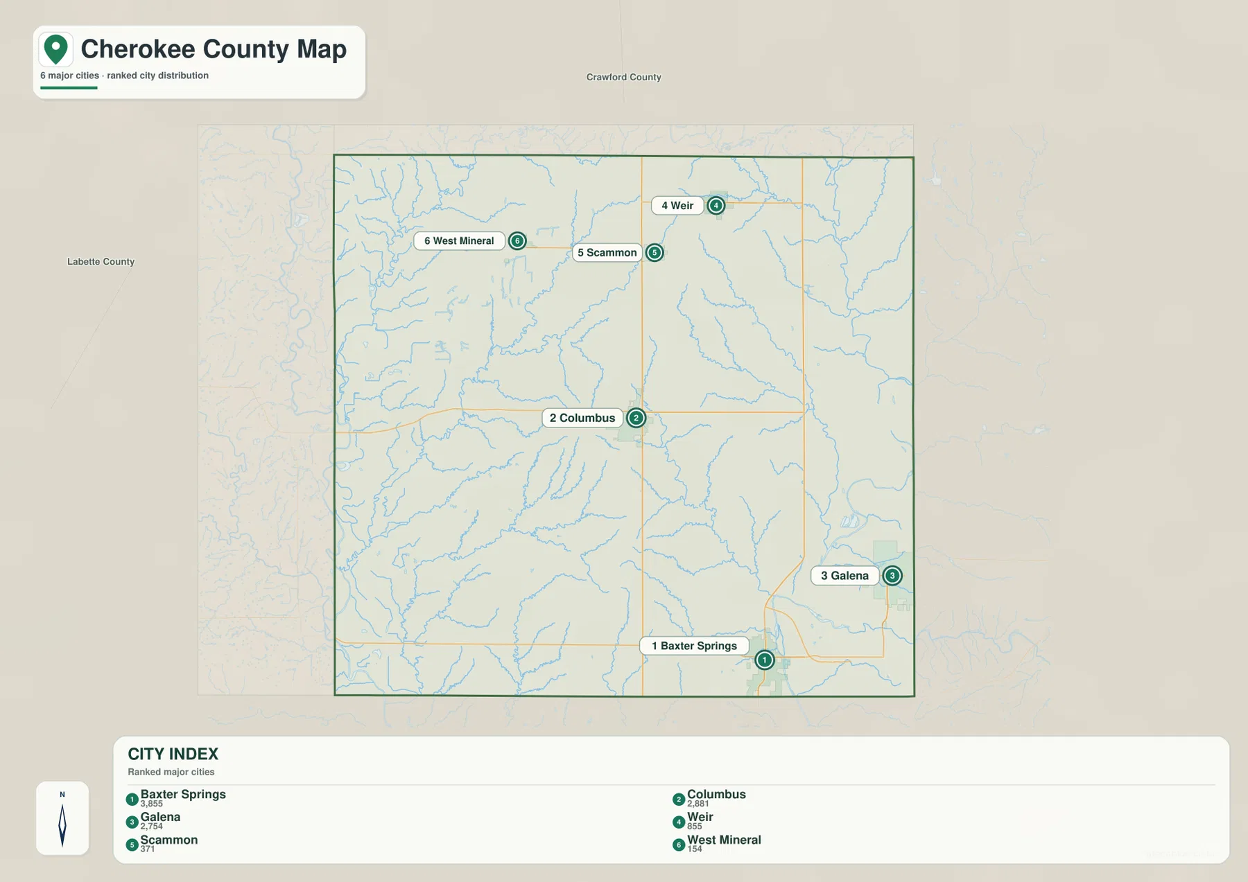 Baxter Springs, Columbus, Galena, Weir, Scammon, West Mineral의 위치와 순위를 보여 주는 체로키 카운티 도시 분포 지도