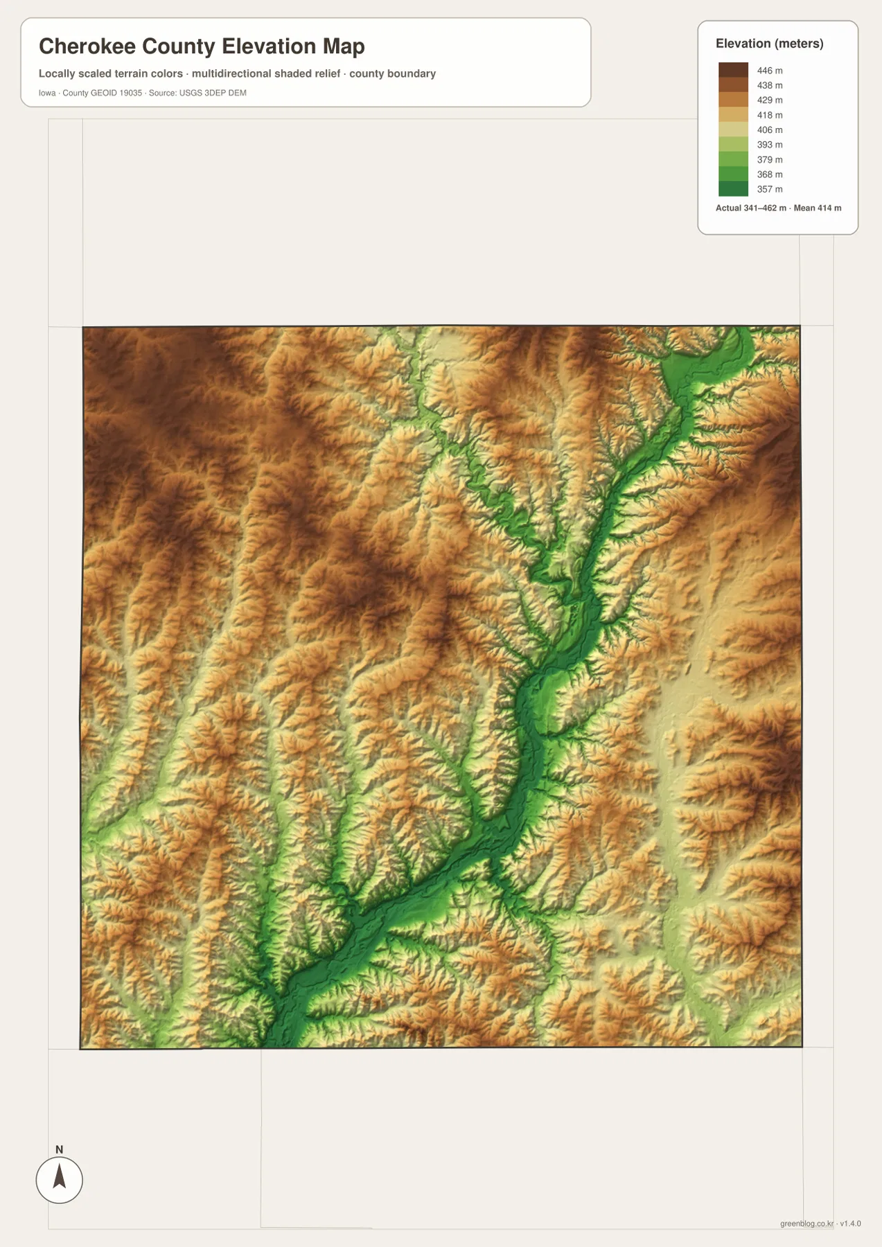 Cherokee County Iowa elevation map showing a 341 to 462 meter range, Little Sioux River lowlands, and higher western ridges