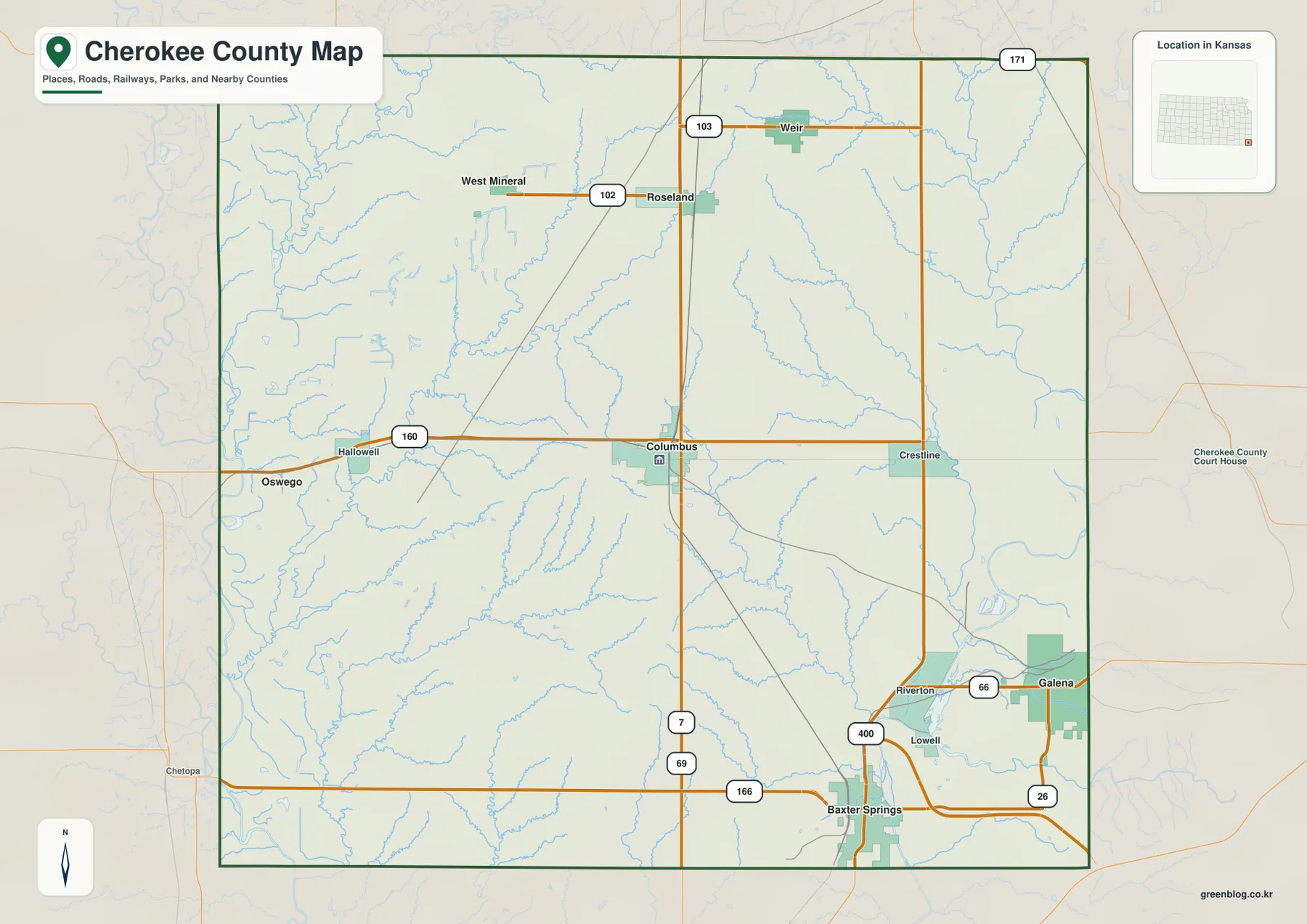 Columbus, Baxter Springs, Galena, Weir, Scammon과 주요 도로가 표시된 캔자스주 체로키 카운티 기본 지도