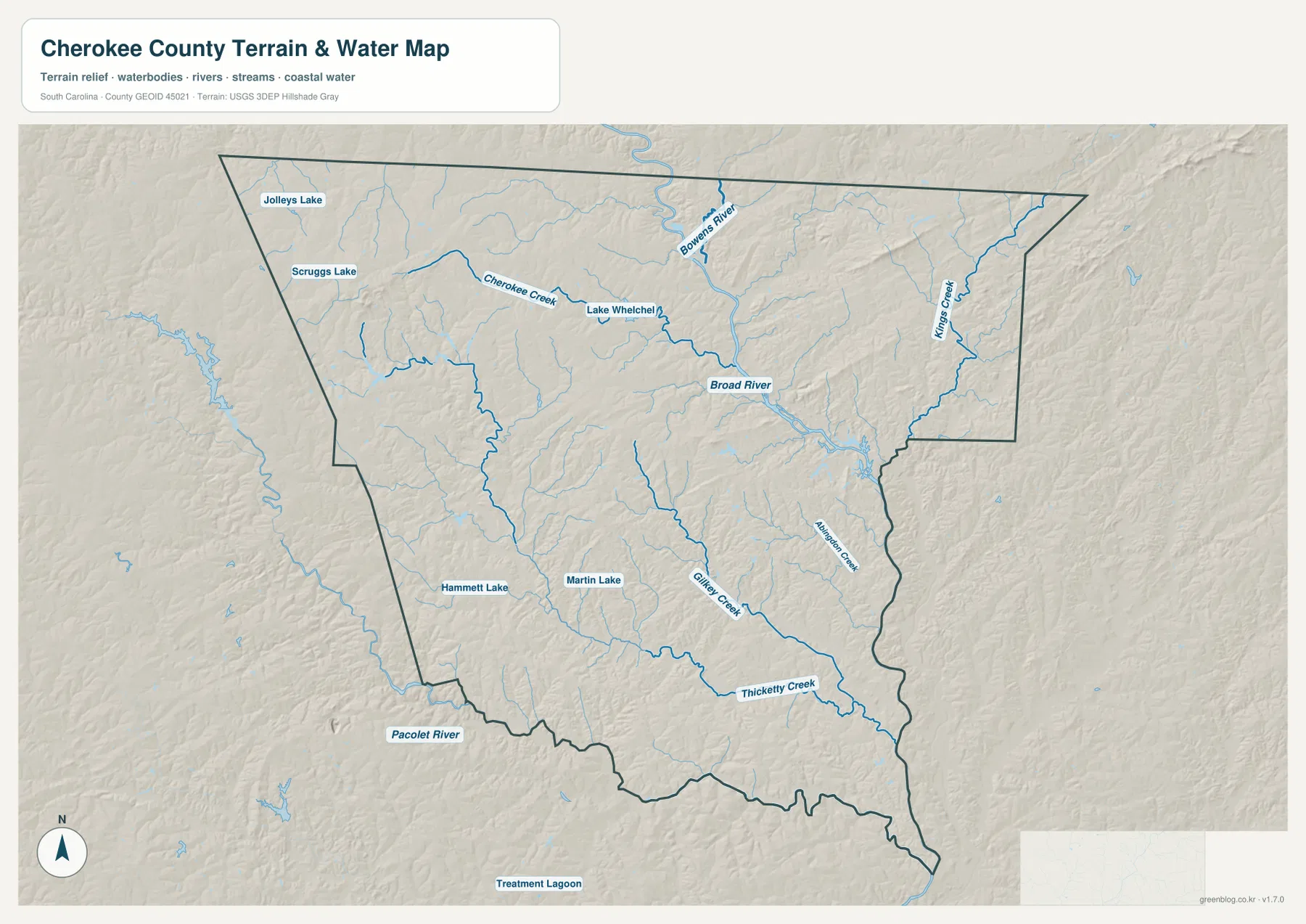 Broad River, Cherokee Creek, Kings Creek, Gilkey Creek, Thicketty Creek과 여러 호수를 표시한 체로키 카운티 수역 지형 지도