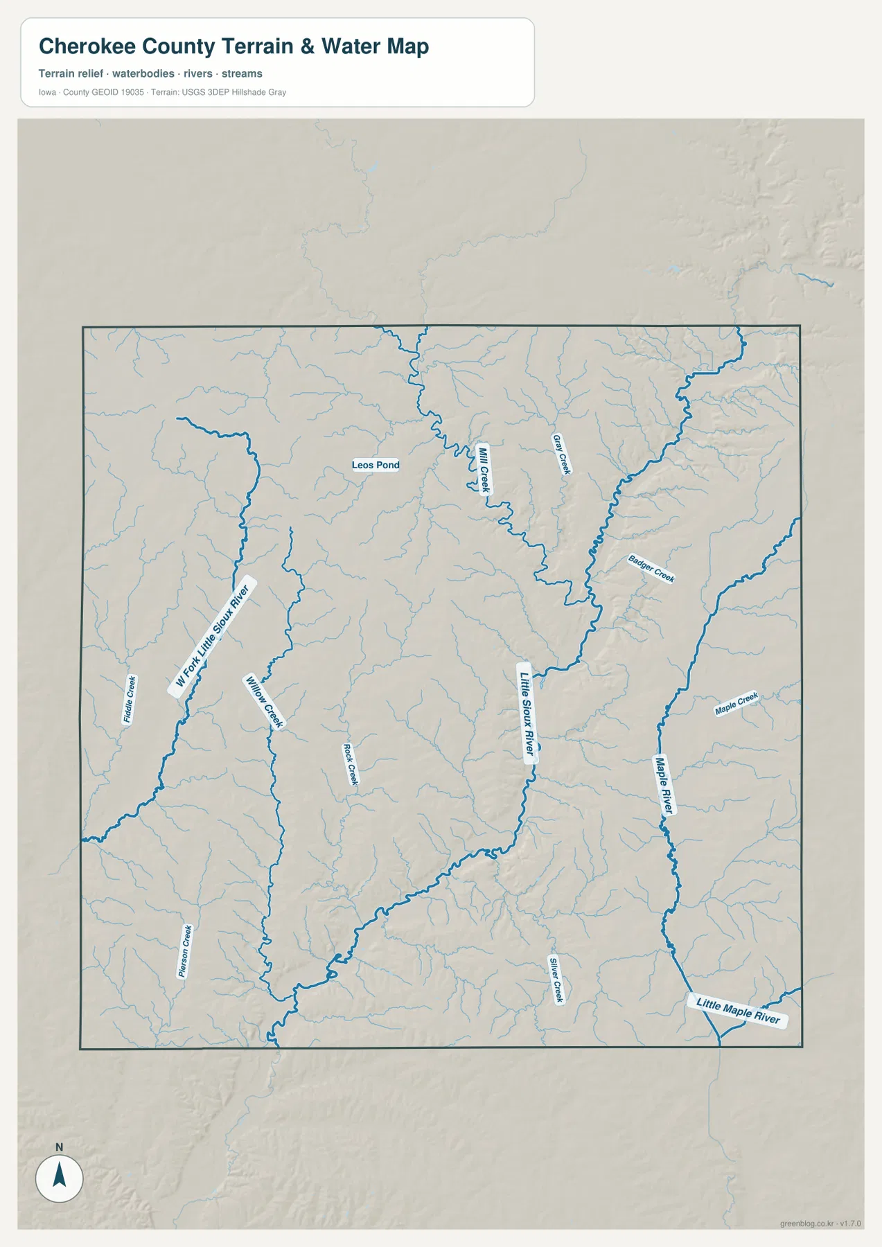 Cherokee County terrain and water map showing Little Sioux River, West Fork Little Sioux River, Maple River, Mill Creek, Willow Creek, and Rock Creek