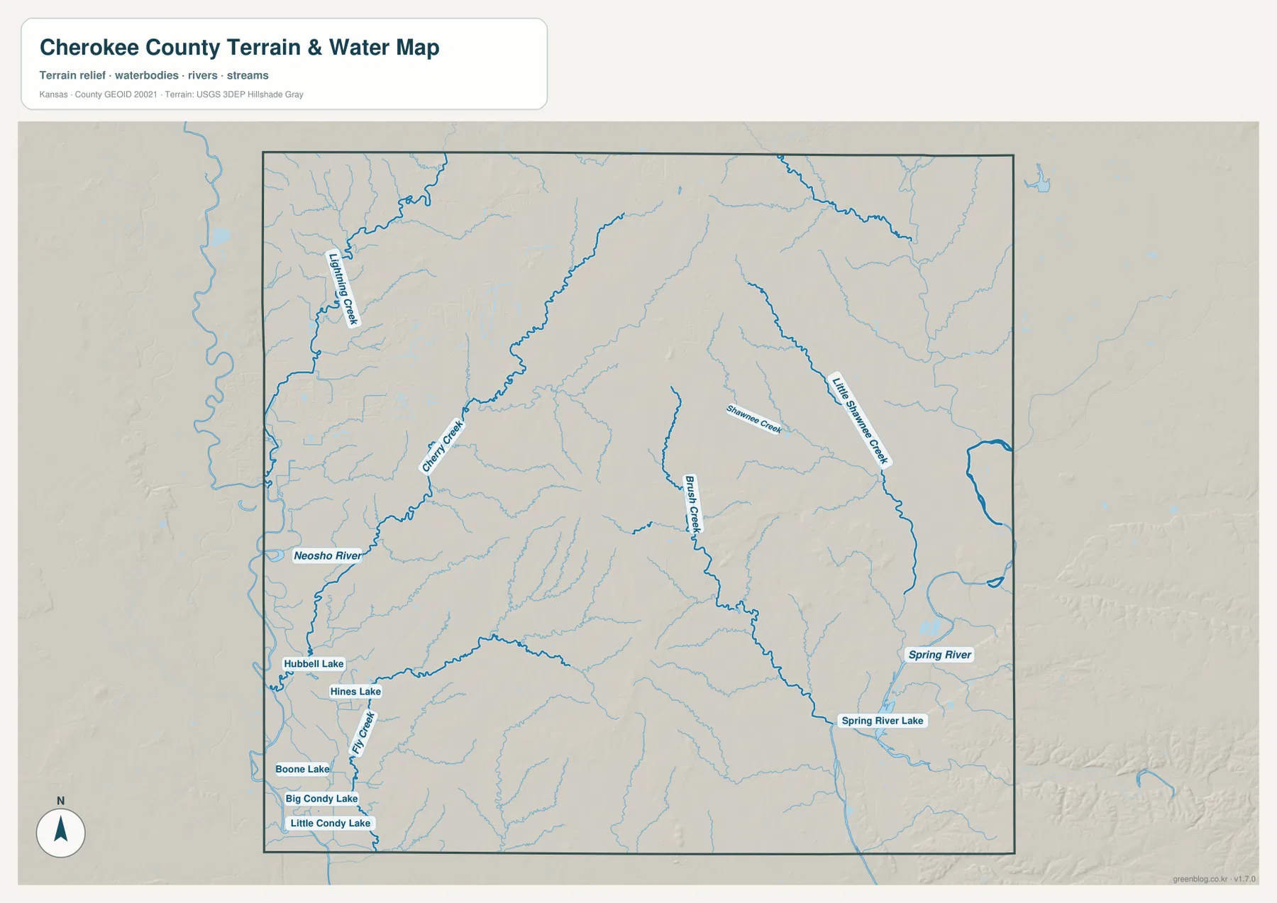 Neosho River, Spring River, Brush Creek, Little Shawnee Creek과 주요 호수를 보여 주는 체로키 카운티 수역·지형 지도