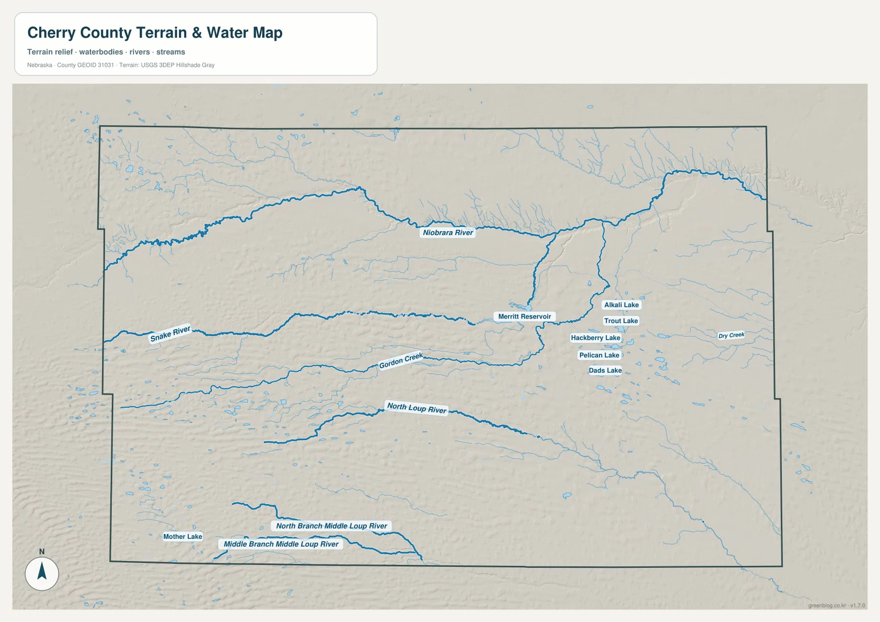 Niobrara River, Snake River, Merritt Reservoir, North Loup River와 Sandhills 호수들을 보여 주는 Cherry County 수역 지도