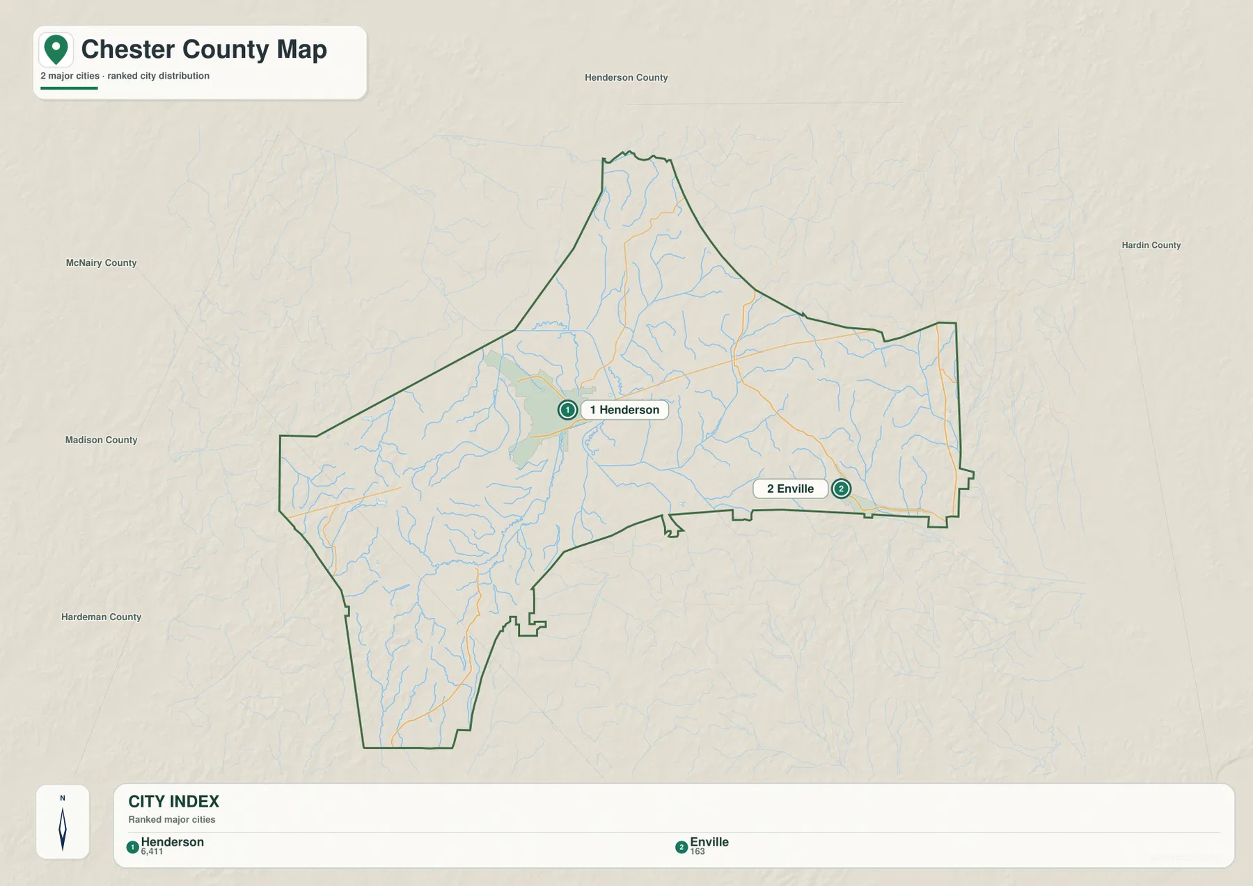 Chester County city map ranking Henderson and Enville within the county boundary