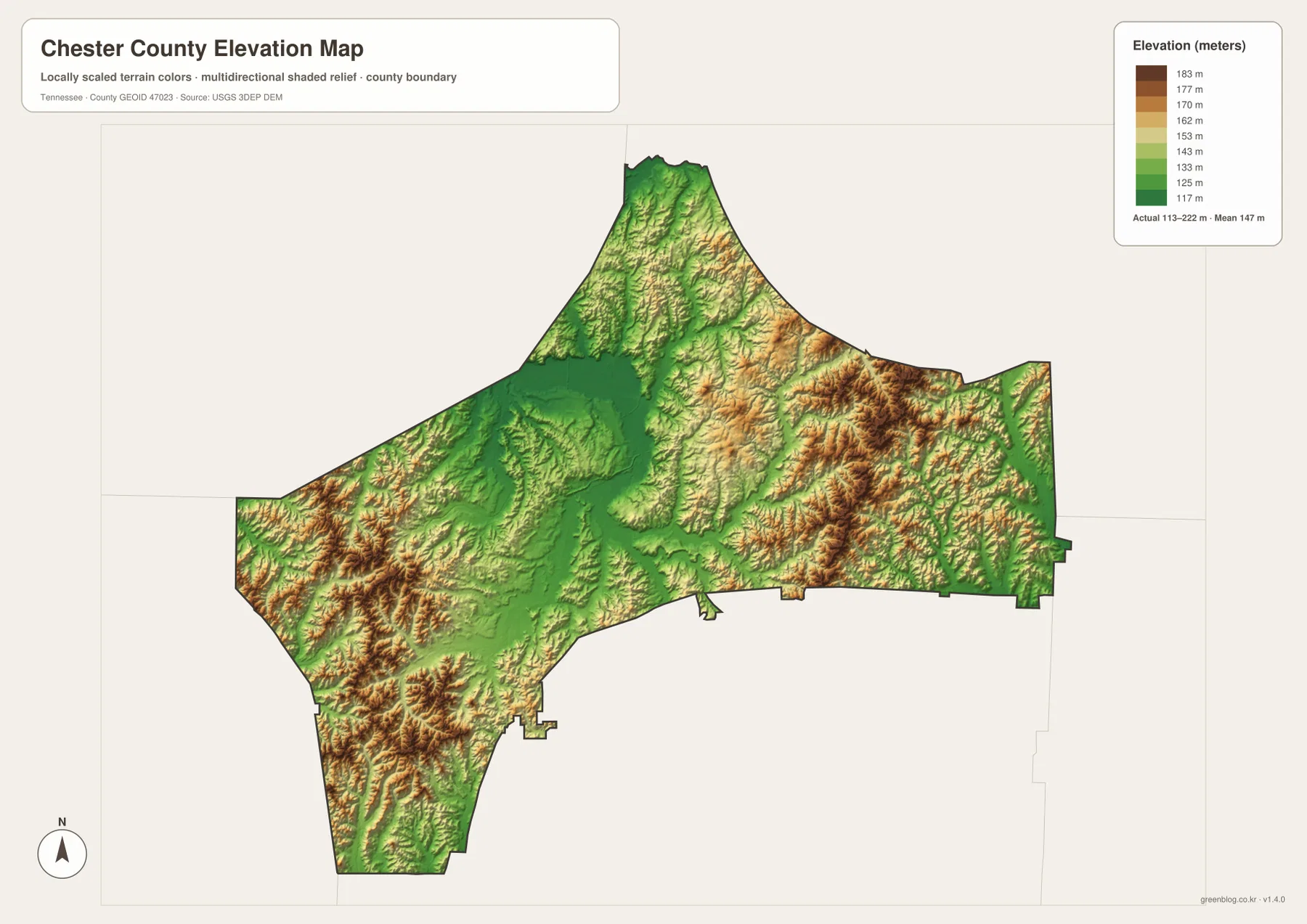 Chester County elevation map showing terrain from about 113 to 222 meters with lower valleys and higher ridges