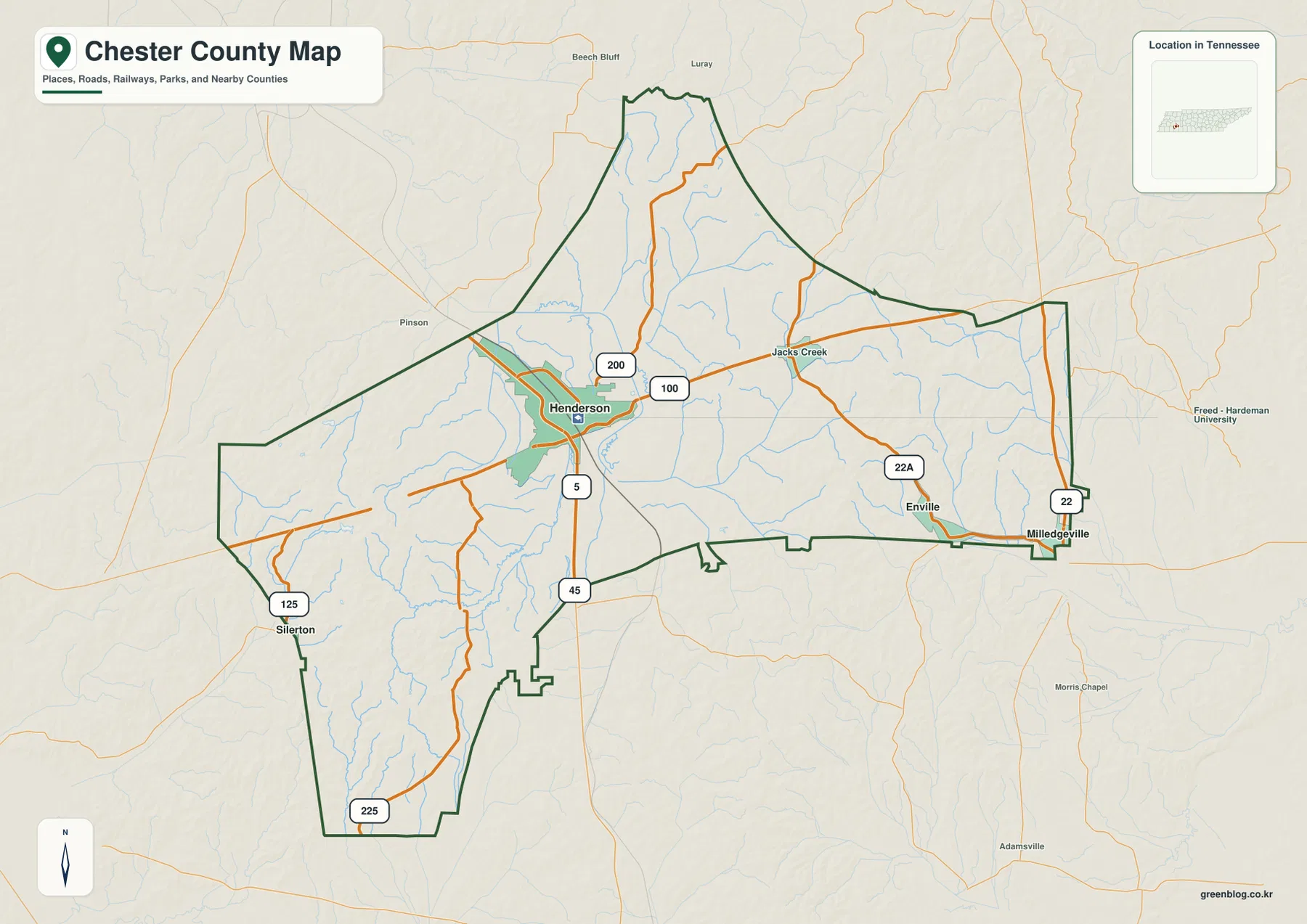 Chester County Tennessee map showing Henderson, Enville, Milledgeville, Silerton, streams, and route numbers