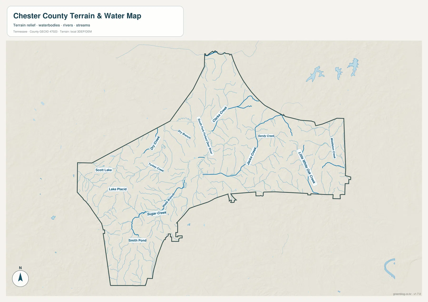 Chester County water map showing South Fork Forked Deer River, Jacks Creek, Sandy Creek, Sugar Creek, and smaller waters