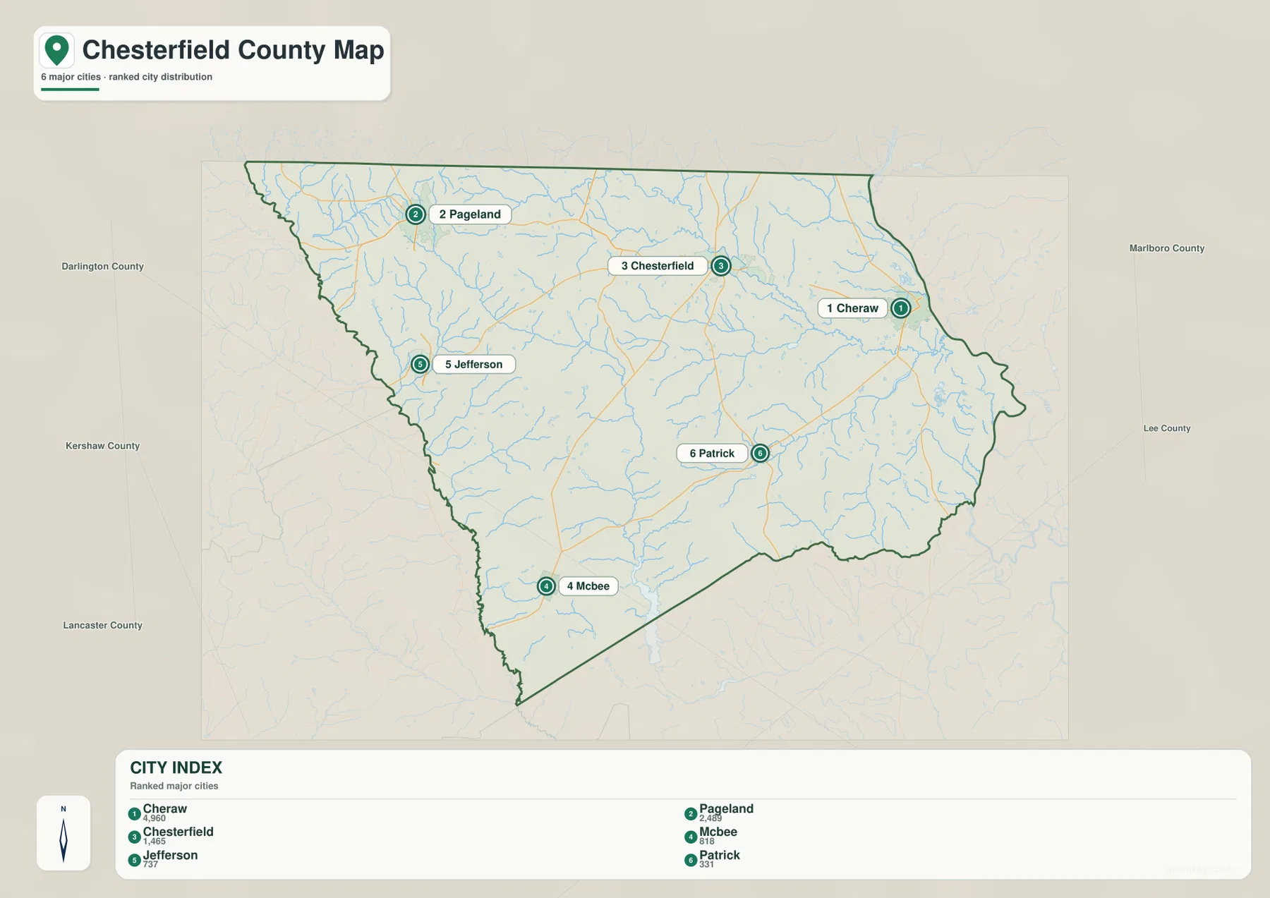 Chesterfield County city index map with Cheraw, Pageland, Chesterfield, McBee, Jefferson, and Patrick