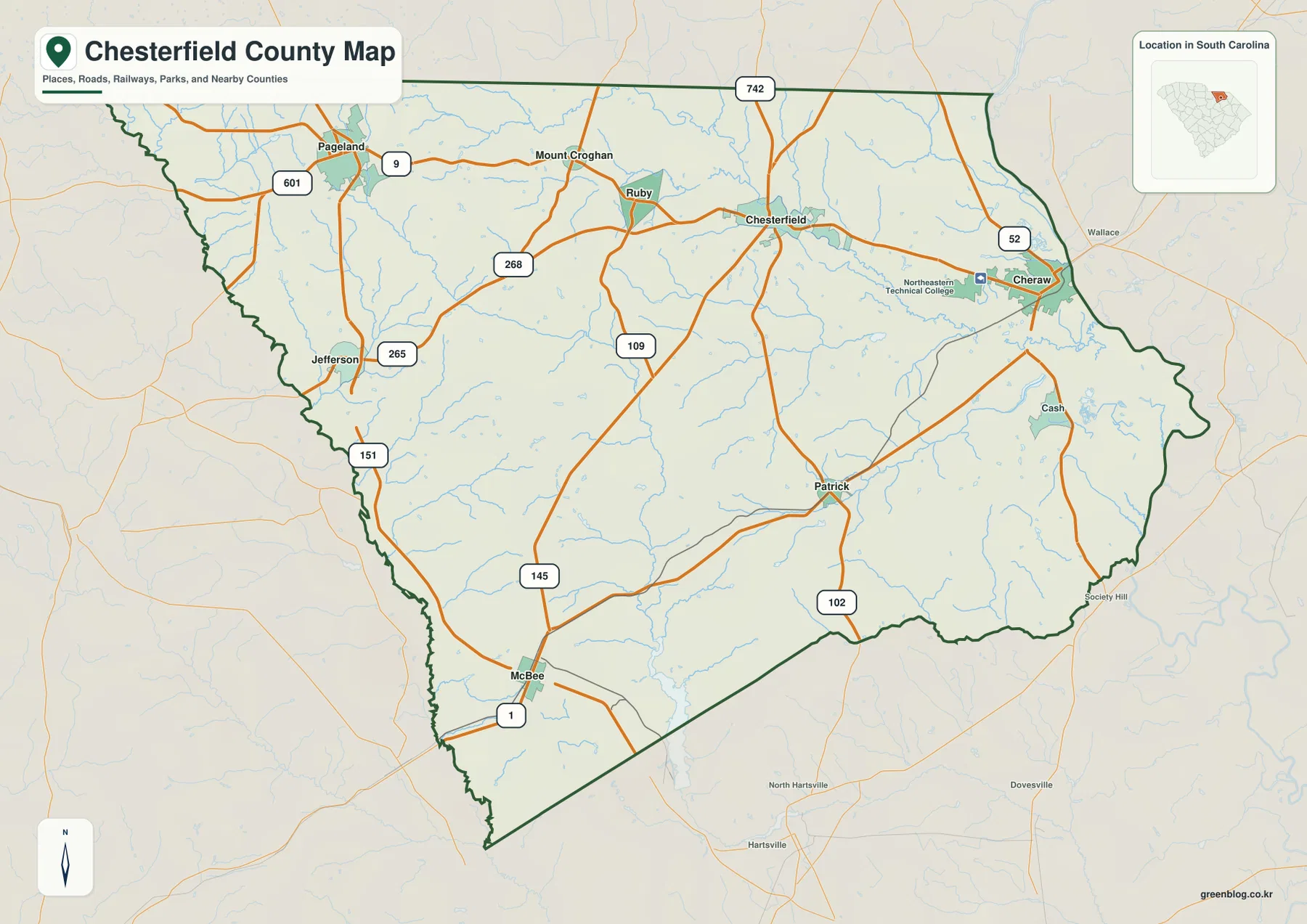 Chesterfield County South Carolina map with Cheraw, Pageland, roads, communities, and county boundary