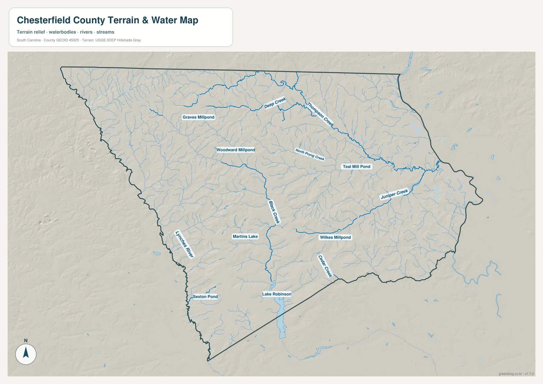 Chesterfield County terrain and water map with Black Creek, Lake Robinson, Lynches River, and smaller waterways