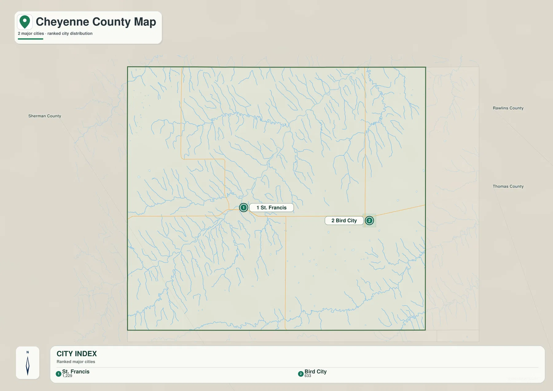 Cheyenne County city map showing the locations and ranking of St. Francis and Bird City