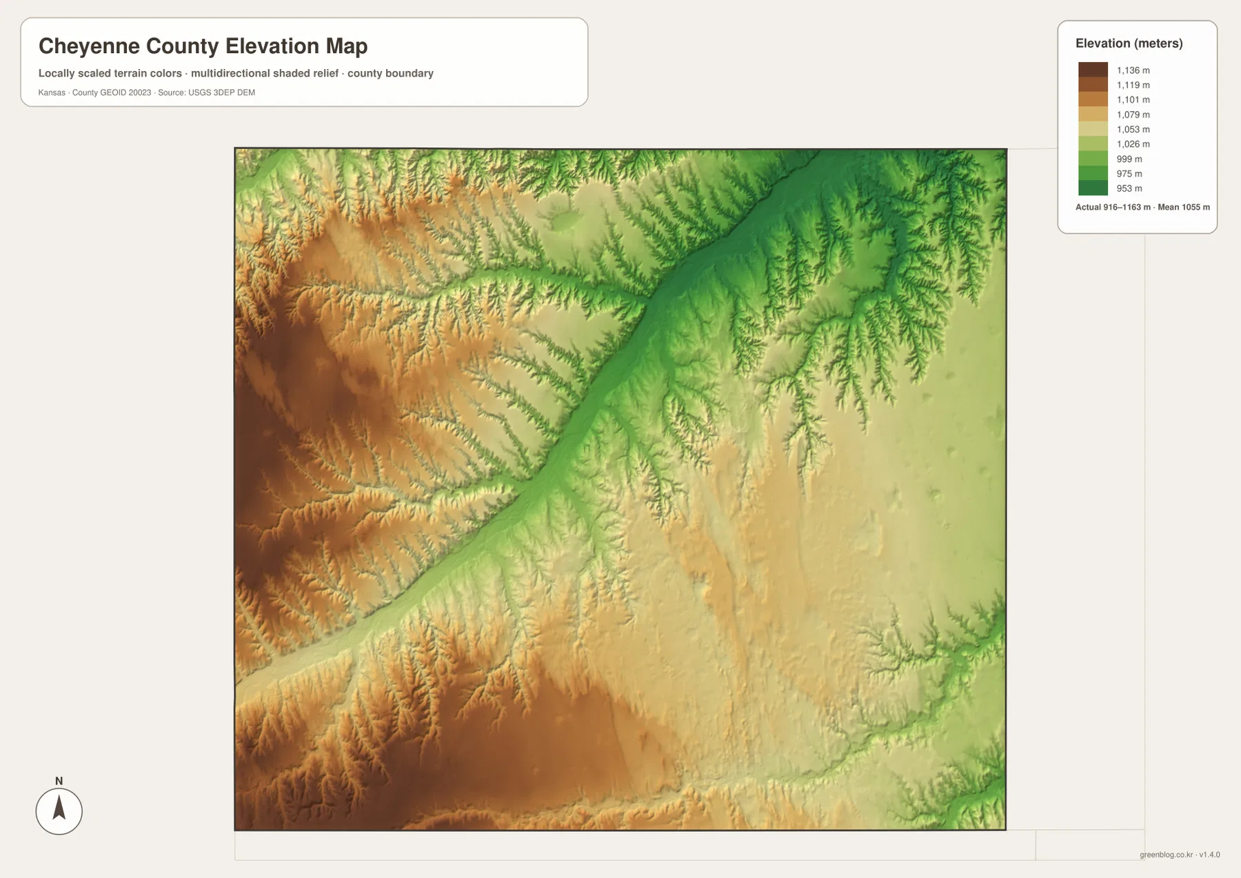 Cheyenne County Kansas elevation map showing approximately 916 to 1163 meters, western uplands, and lower river and creek valleys