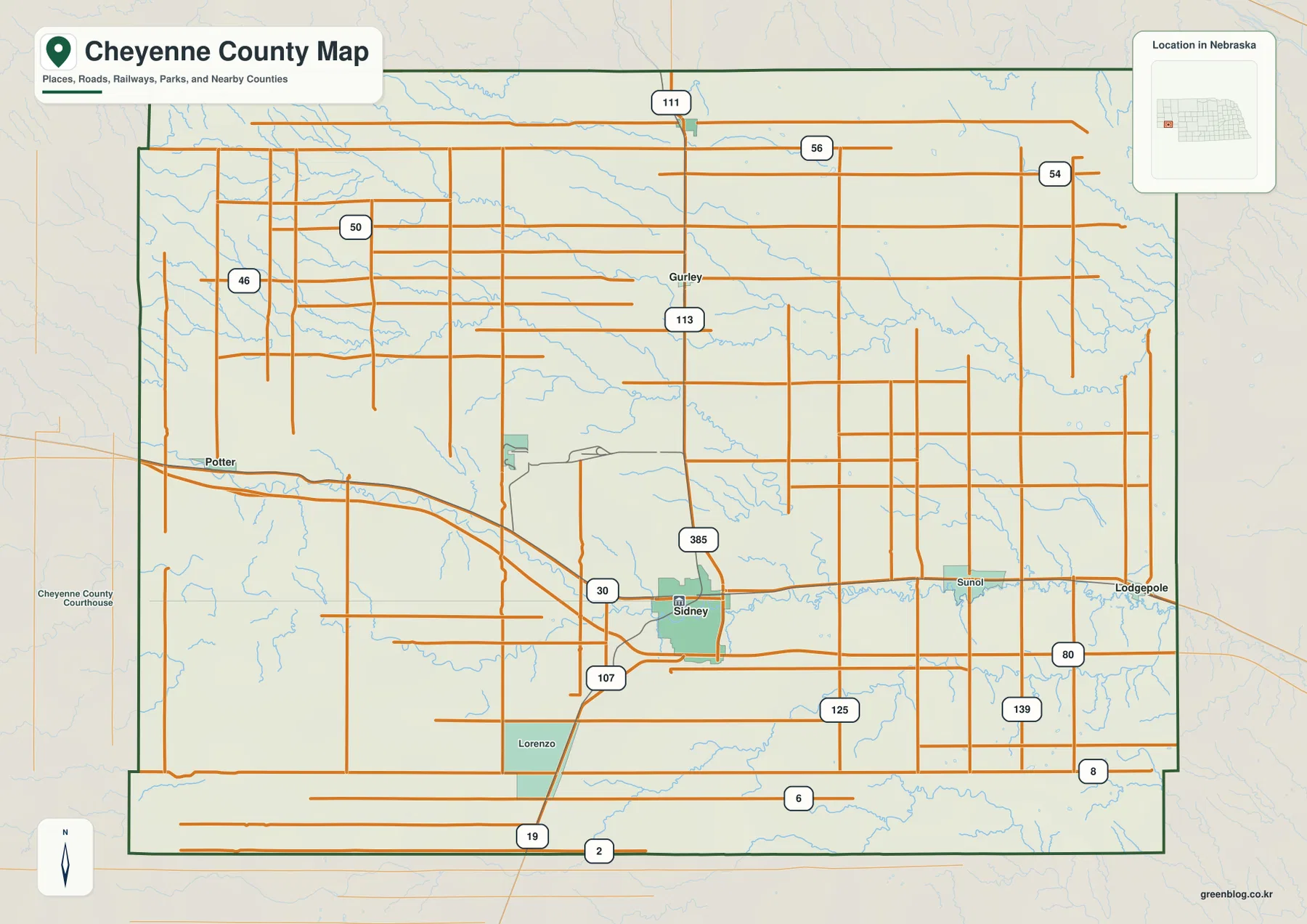 Sidney, Potter, Gurley, Lodgepole, Sunol과 Cheyenne County 주요 도로를 보여 주는 지도