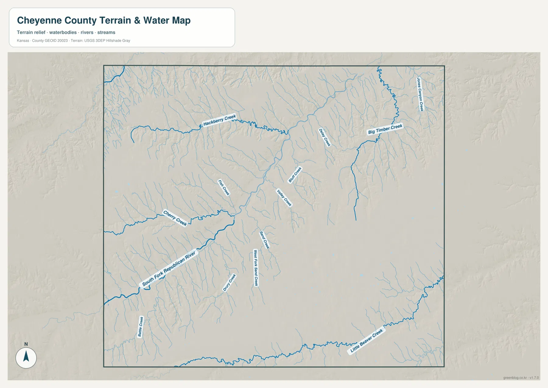 Cheyenne County Kansas water and terrain map showing South Fork Republican River, Hackberry Creek, Big Timber Creek, Little Beaver Creek, and tributaries