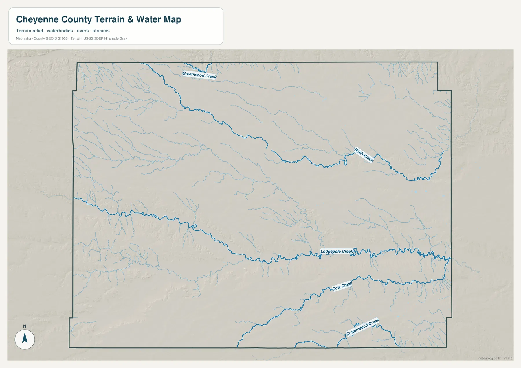 Lodgepole Creek, Greenwood Creek, Rush Creek, Cow Creek, Cottonwood Creek을 보여 주는 Cheyenne County 수역 지도
