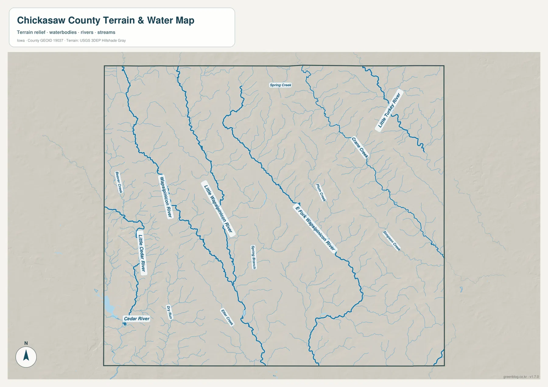 치카소 카운티 Wapsipinicon River와 Little Cedar River 수계 지도