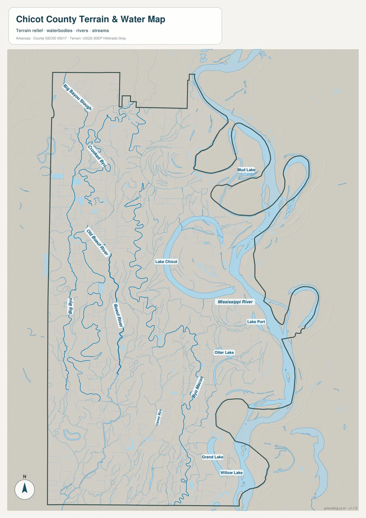 시코 카운티 수역 지도에 Mississippi River, Lake Chicot, Boeuf River, Bayou Macon과 여러 호수가 표시된 모습