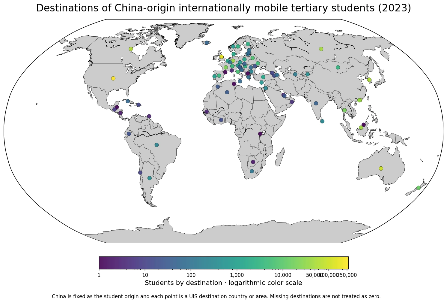 Map of destination-country counts for China-origin internationally mobile tertiary students in 2023